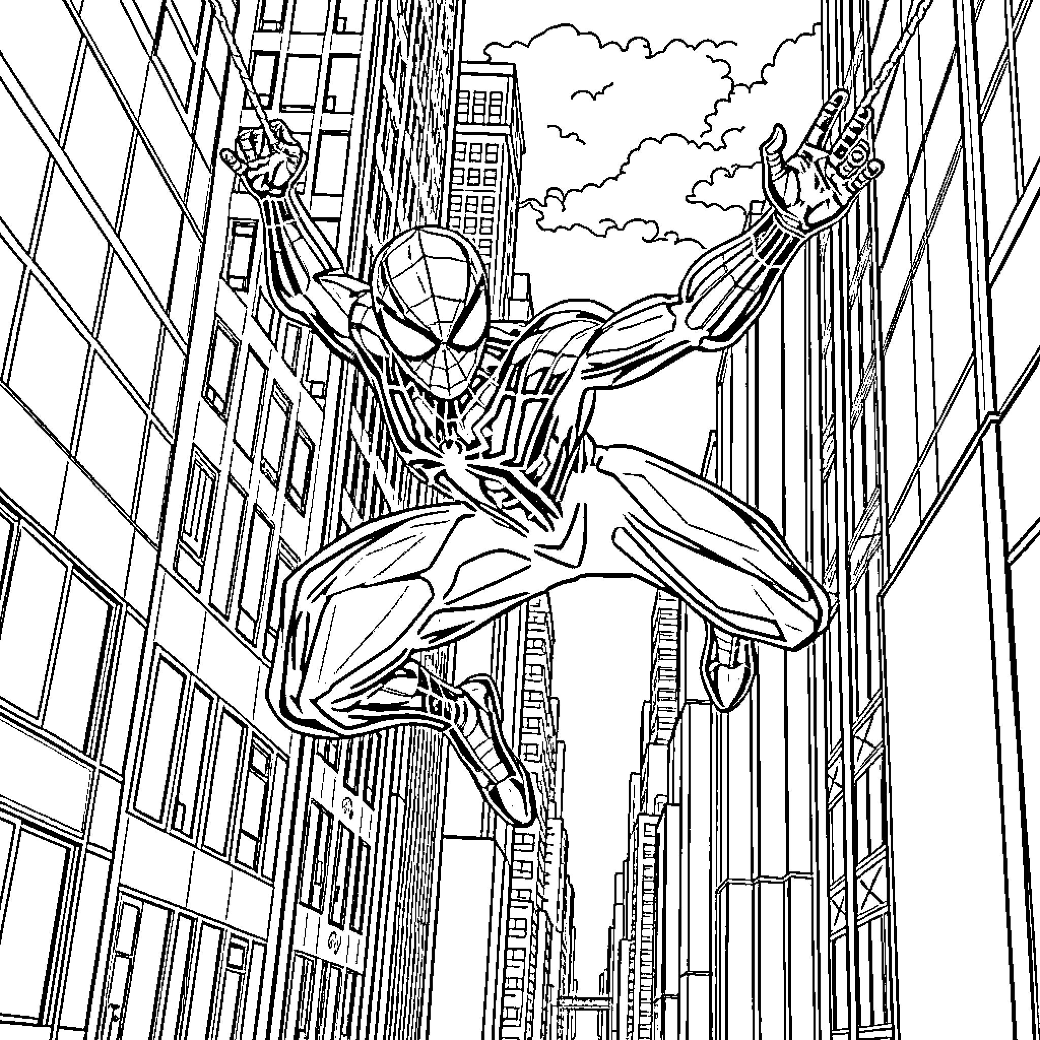 Spider-Man swinging through the city streets Coloring Page (free black-and-white line drawing printable PDF for all, from beginners to advanced learners, including children, teens, adults, and seniors)