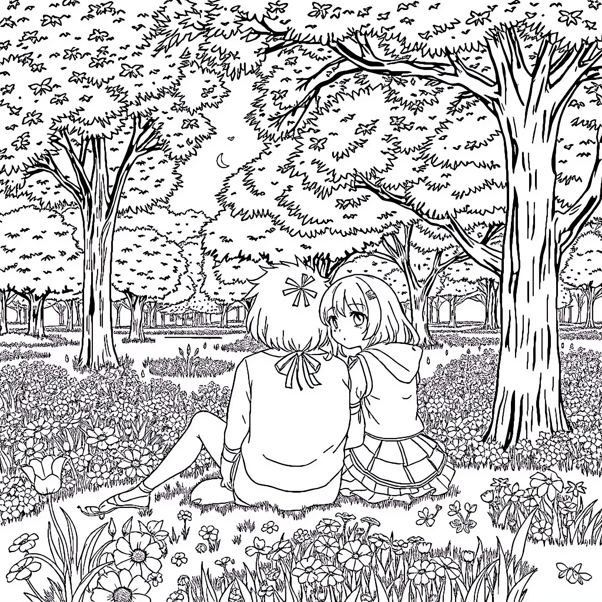 Shouya Ishida's Peaceful Day in the Park Coloring Page (free black-and-white line drawing printable PDF for all, from beginners to advanced learners, including children, teens, adults, and seniors)