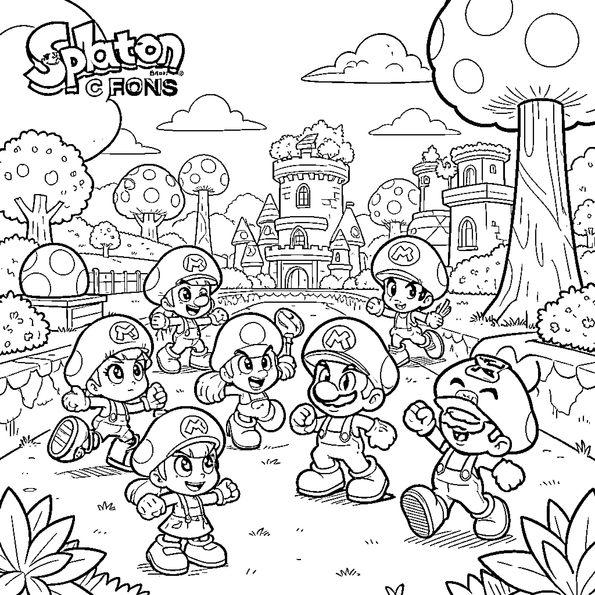 Splatoon characters celebrating together in a whimsical fantasy land Coloring Page (free black-and-white line drawing printable PDF for all, from beginners to advanced learners, including children, teens, adults, and seniors)
