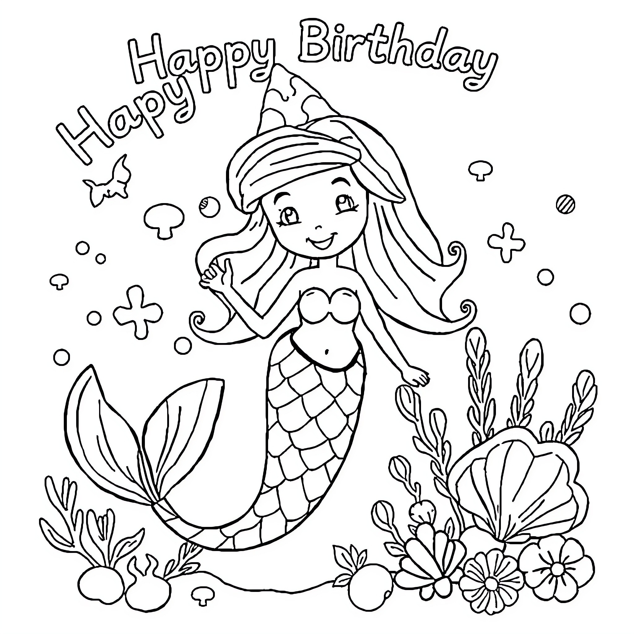 Mermaid celebrating a happy birthday underwater Coloring Page (free black-and-white line drawing printable PDF for all, from beginners to advanced learners, including children, teens, adults, and seniors)