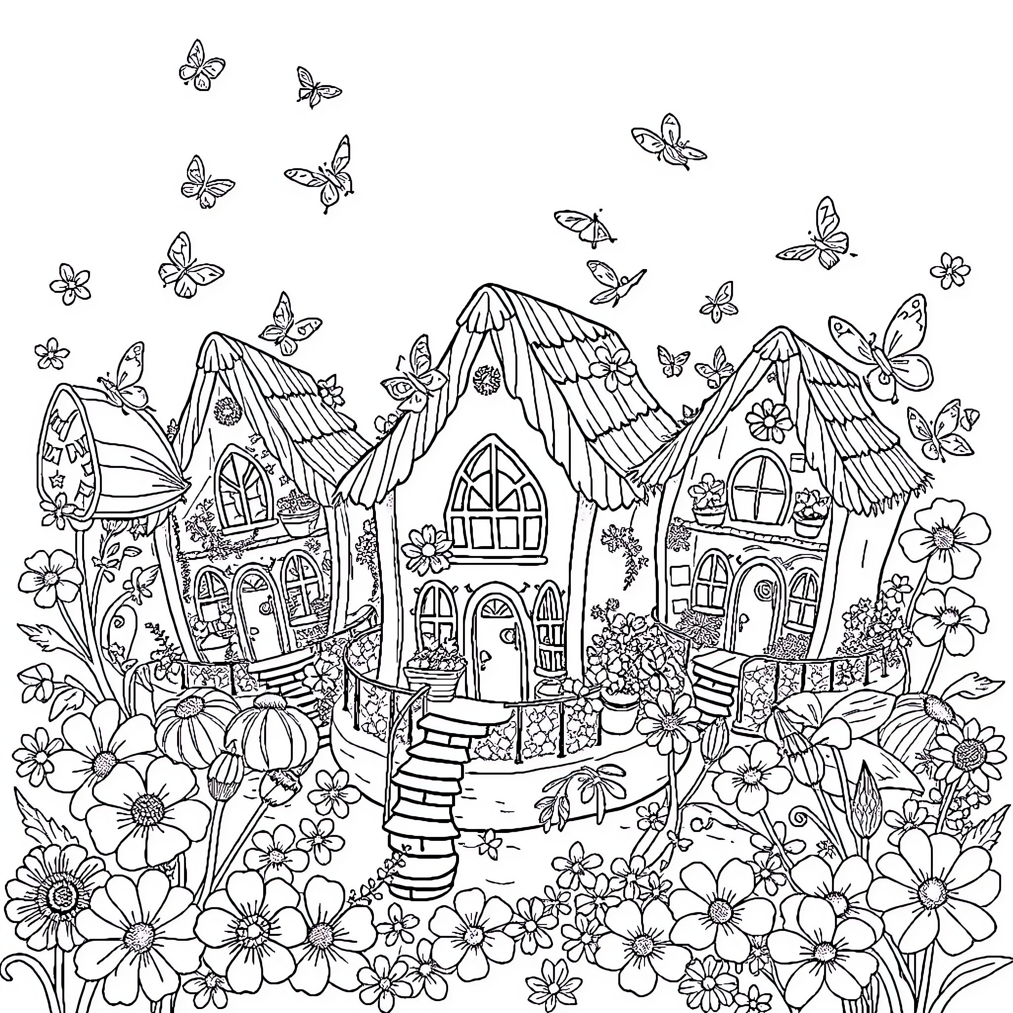 House with Whimsical Butterflies and Flowers Coloring Page (free black-and-white line drawing printable PDF for all, from beginners to advanced learners, including children, teens, adults, and seniors)
