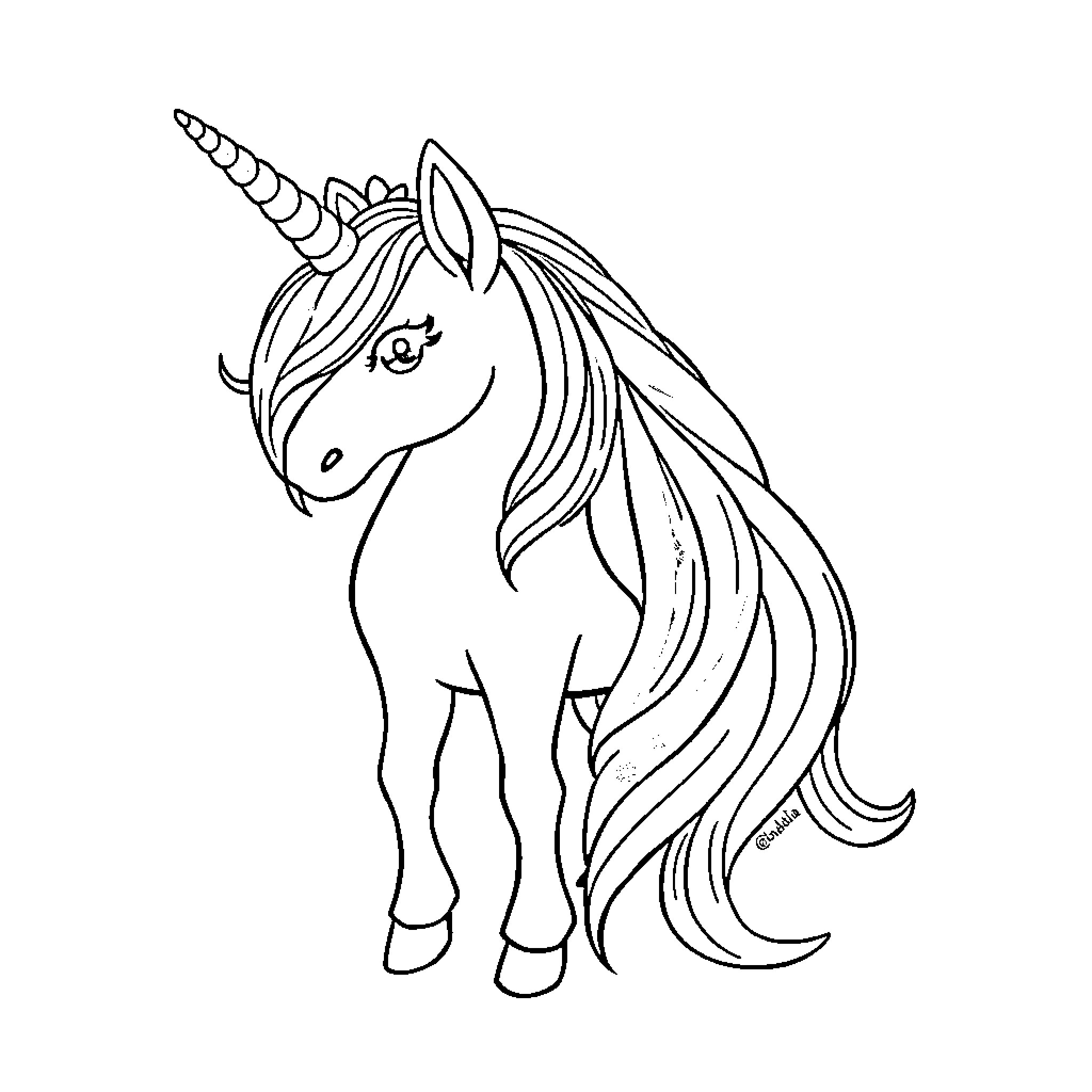Unicorn with flowing mane and horn Coloring Page (free black-and-white line drawing printable PDF for all, from beginners to advanced learners, including children, teens, adults, and seniors)