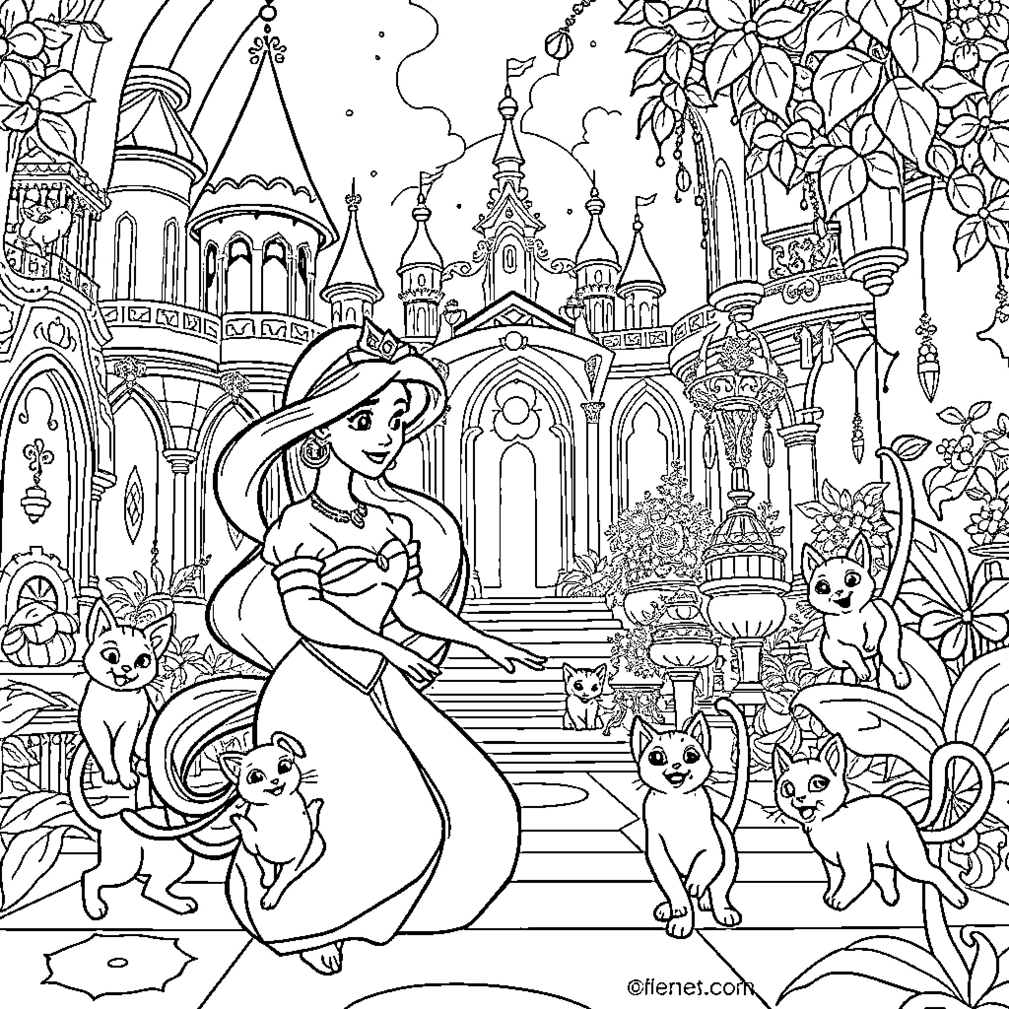 Jasmine's Enchanted Garden Adventure Coloring Page (free black-and-white line drawing printable PDF for all, from beginners to advanced learners, including children, teens, adults, and seniors)
