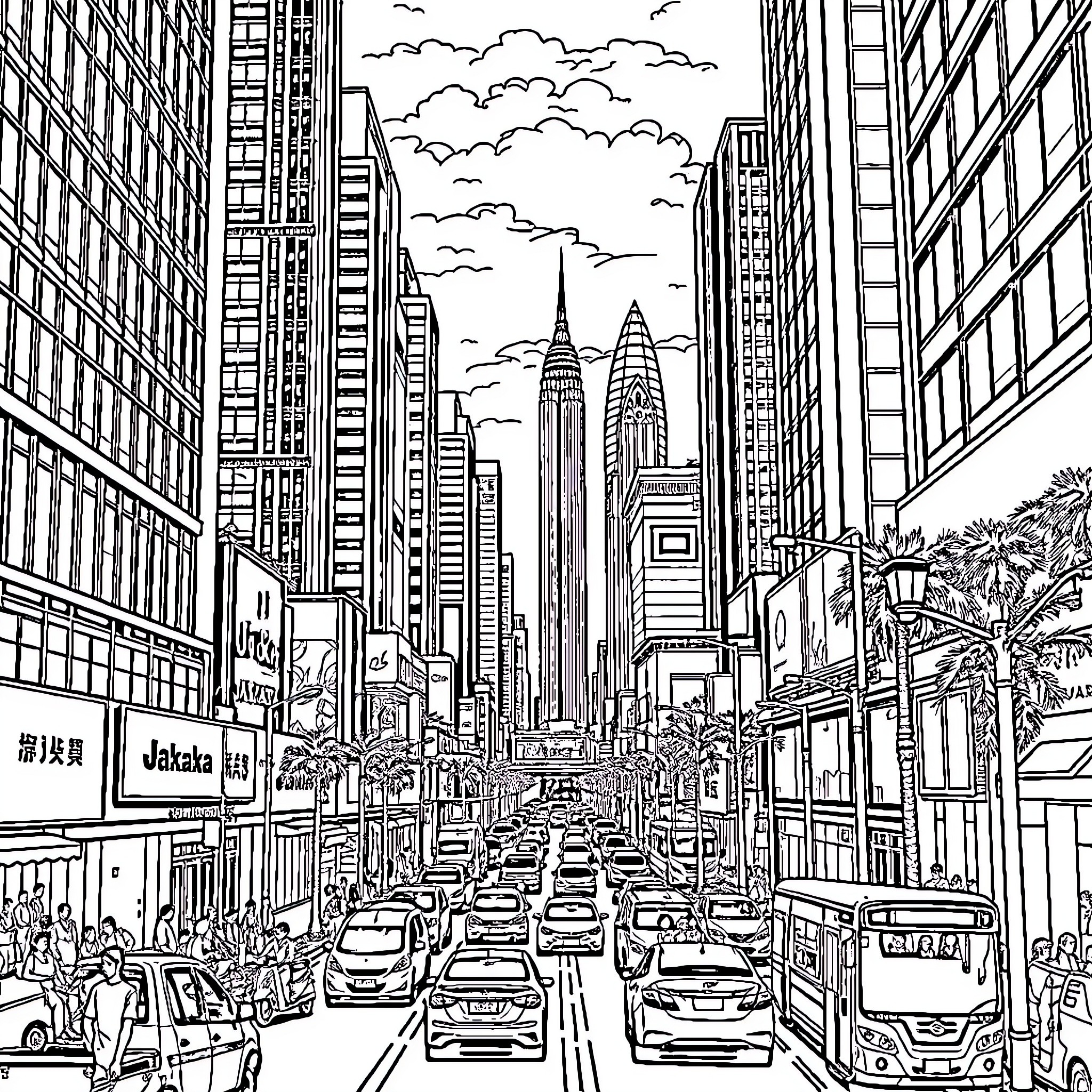 Jakarta's Bustling City Streets and Towering Skyscrapers Coloring Page (free black-and-white line drawing printable PDF for all, from beginners to advanced learners, including children, teens, adults, and seniors)