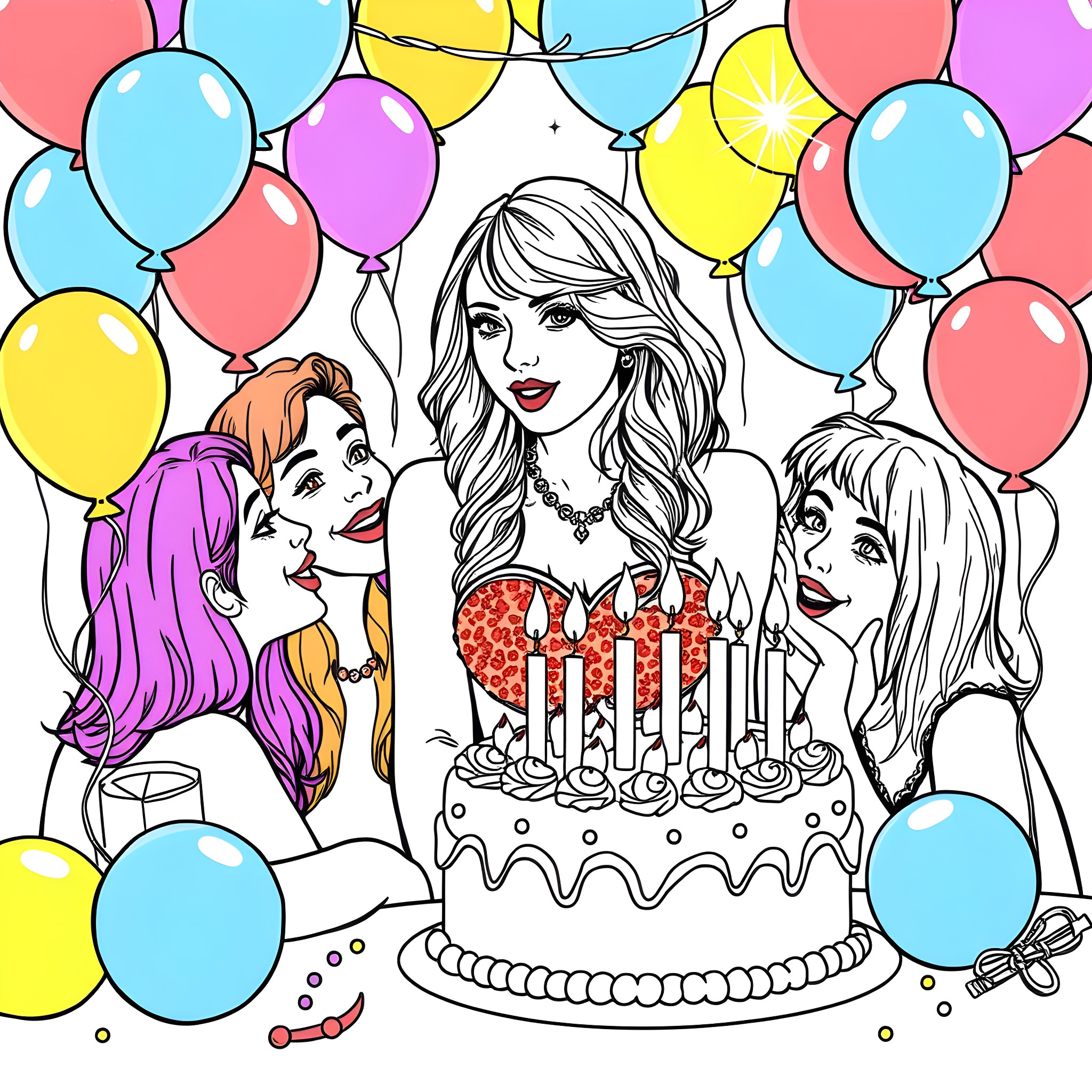 Taylor Swift Celebrates Birthday with Friends Coloring Page (free black-and-white line drawing printable PDF for all, from beginners to advanced learners, including children, teens, adults, and seniors)