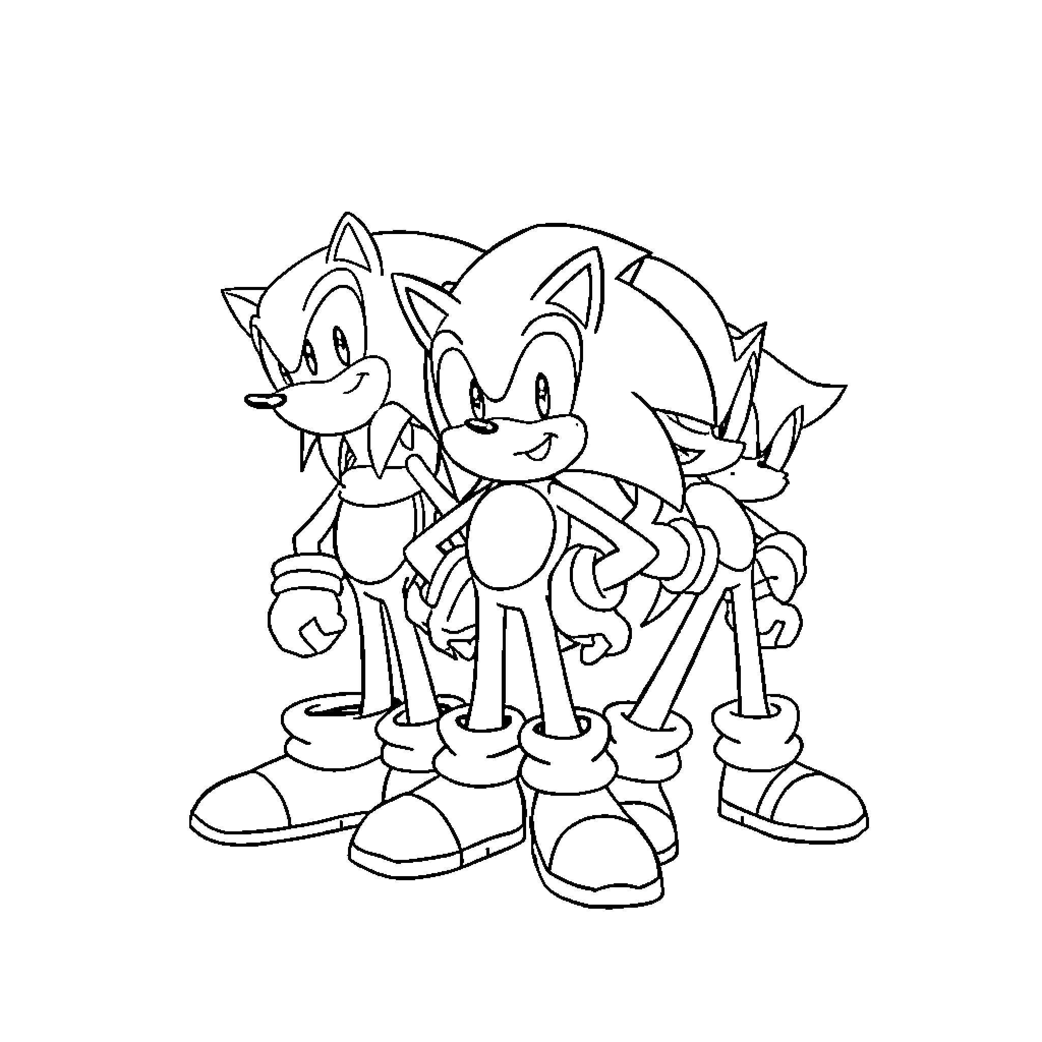 Sonic Characters Cheerfully Posing Together Coloring Page (free black-and-white line drawing printable PDF for all, from beginners to advanced learners, including children, teens, adults, and seniors)