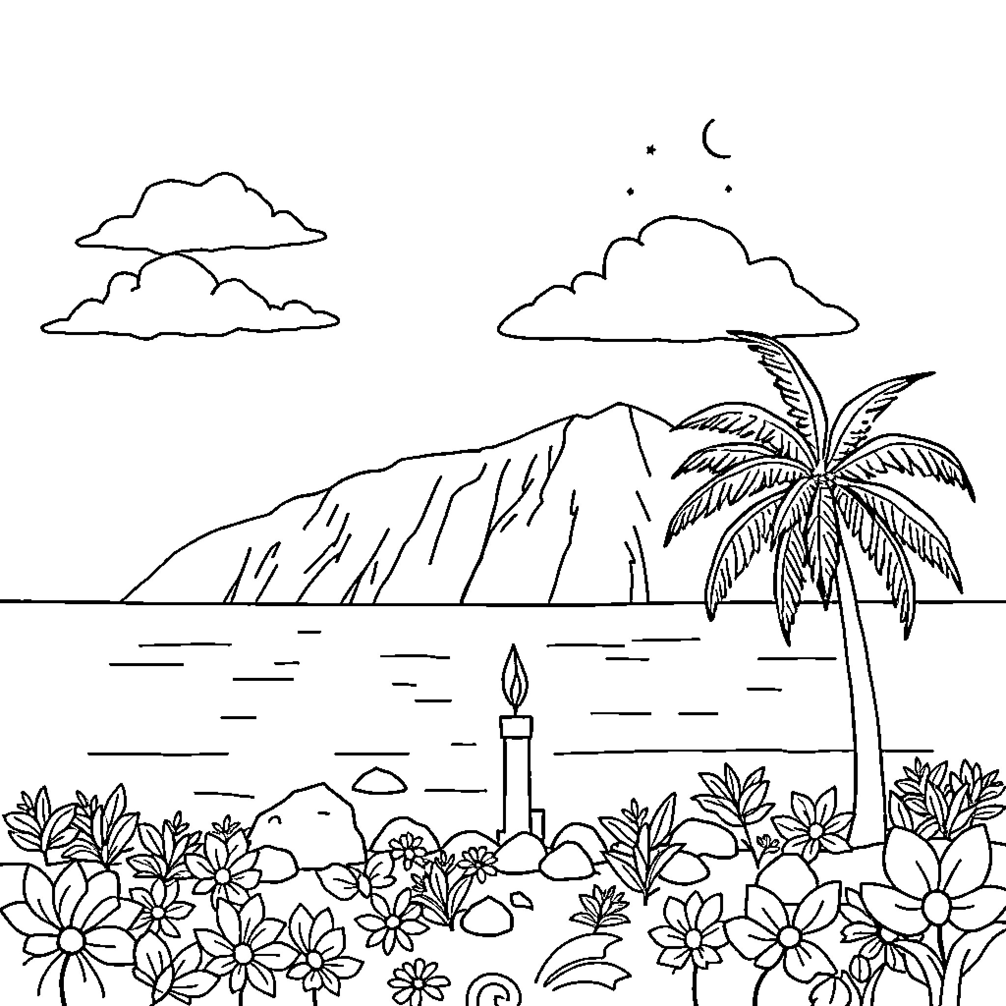 Book of Tropical Beach Scenery Coloring Page (free black-and-white line drawing printable PDF for all, from beginners to advanced learners, including children, teens, adults, and seniors)