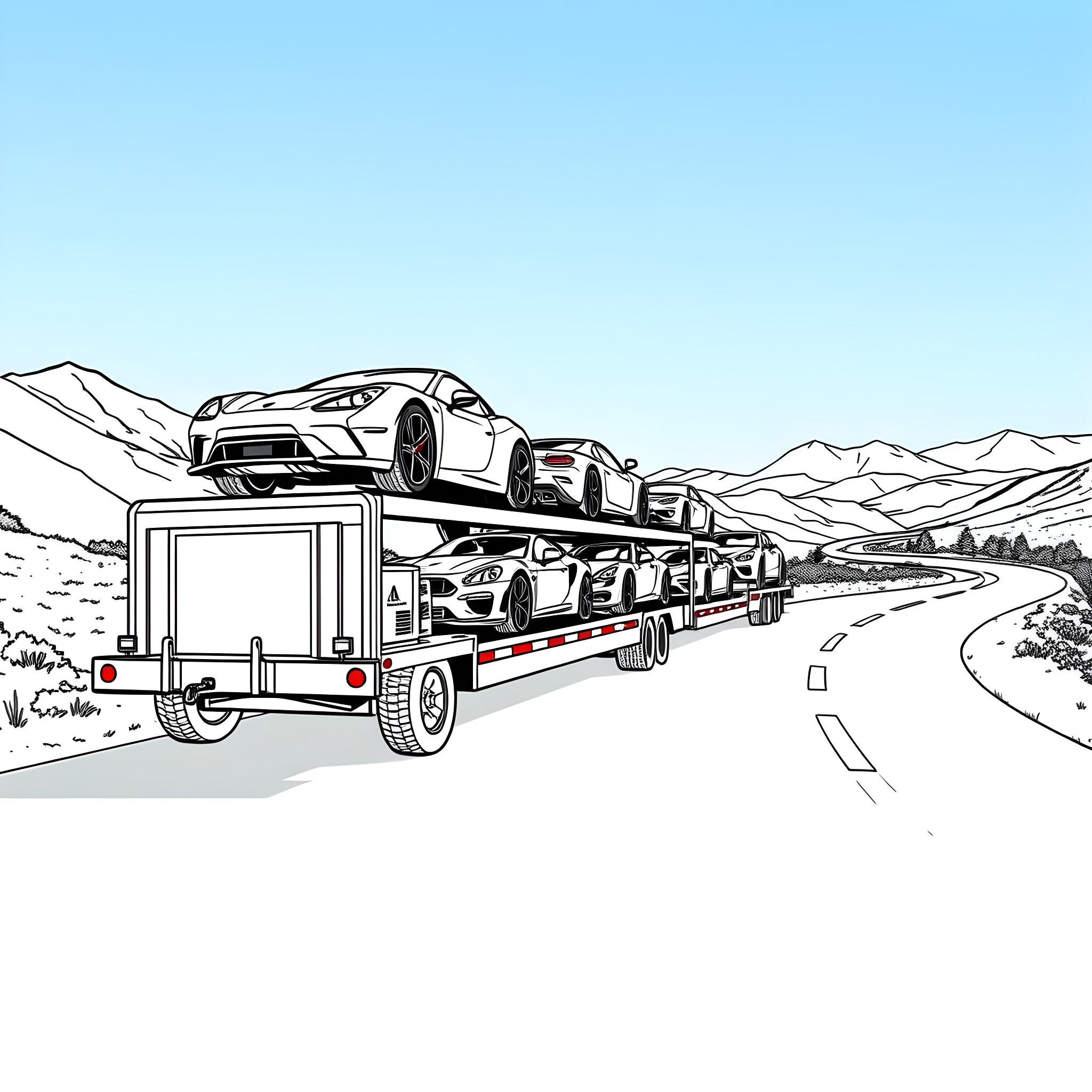 Car Hauler Transporting Luxury Vehicles on the Open Road Coloring Page (free black-and-white line drawing printable PDF for all, from beginners to advanced learners, including children, teens, adults, and seniors)