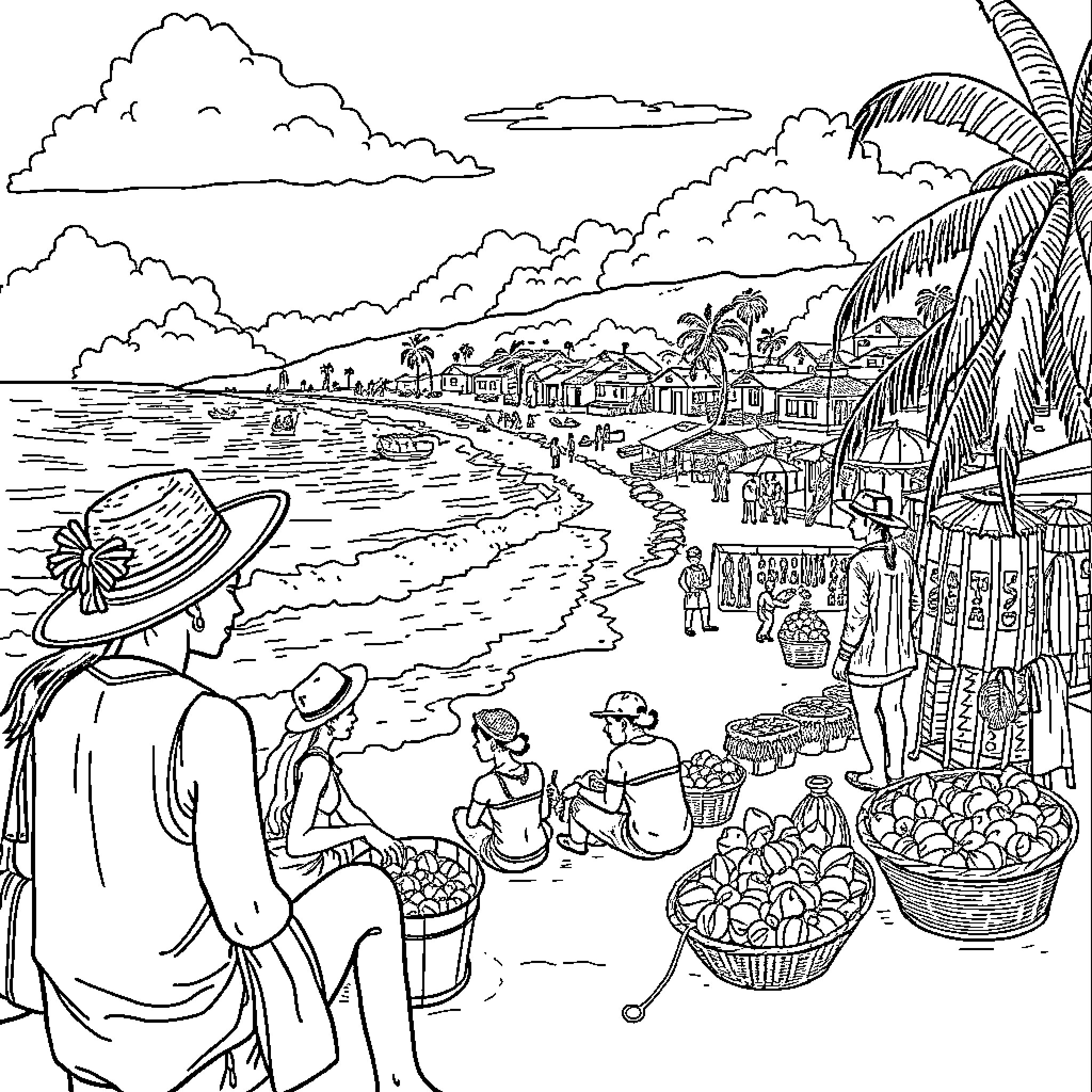 Coast with bustling beach scene and marketplace Coloring Page (free black-and-white line drawing printable PDF for all, from beginners to advanced learners, including children, teens, adults, and seniors)