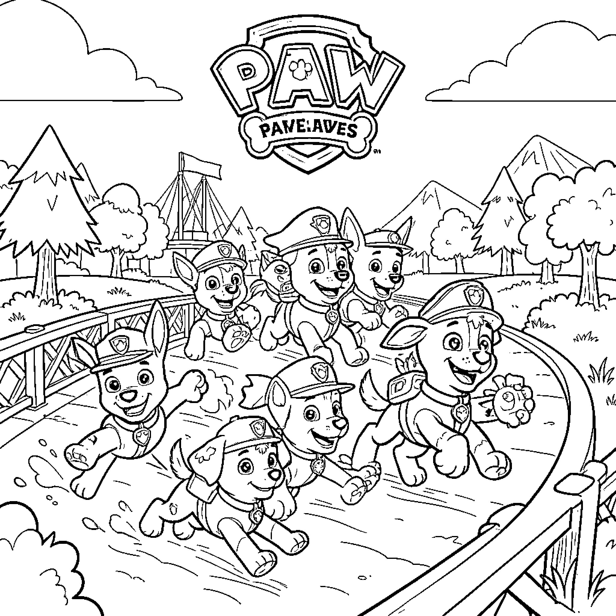 Paw Patrol pups running joyfully through a landscape Coloring Page (free black-and-white line drawing printable PDF for all, from beginners to advanced learners, including children, teens, adults, and seniors)