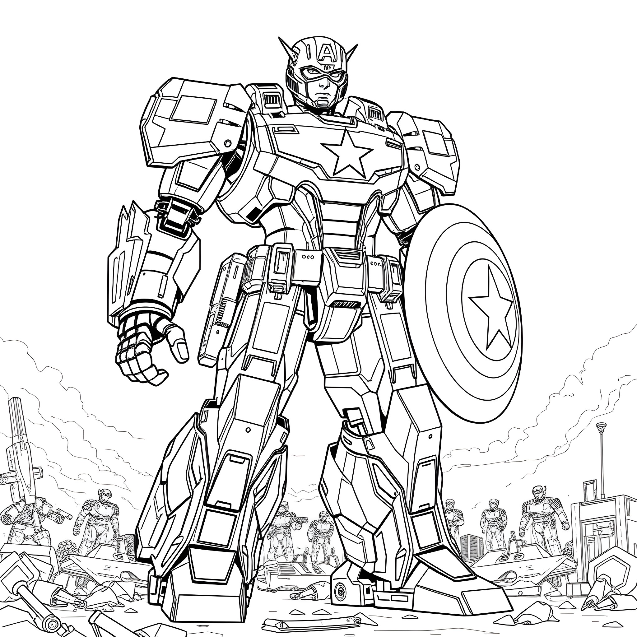 Mecha Captain America in heroic action pose Coloring Page (free black-and-white line drawing printable PDF for all, from beginners to advanced learners, including children, teens, adults, and seniors)