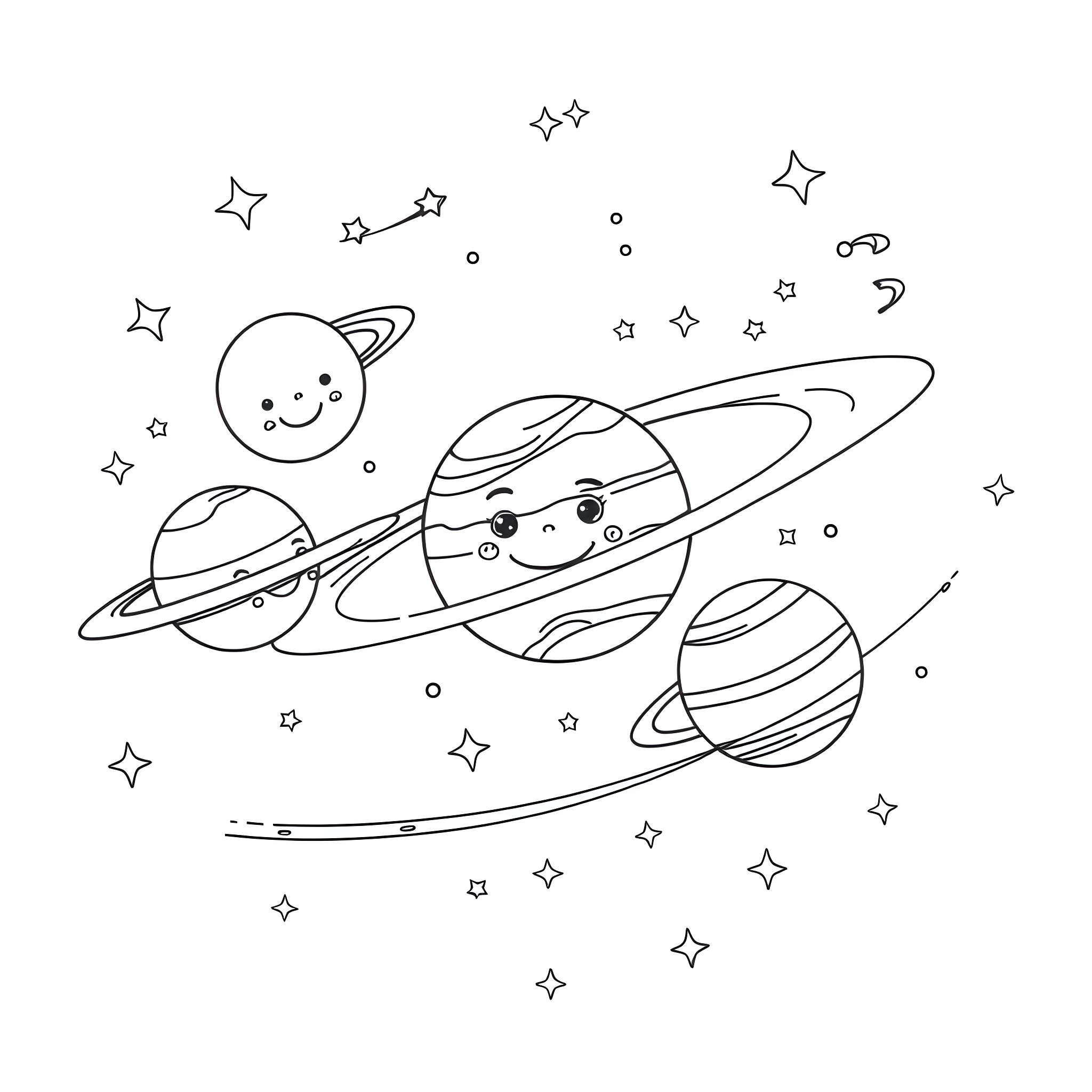 Planet with Smiling Celestial Bodies and Stars Coloring Page (free black-and-white line drawing printable PDF for all, from beginners to advanced learners, including children, teens, adults, and seniors)
