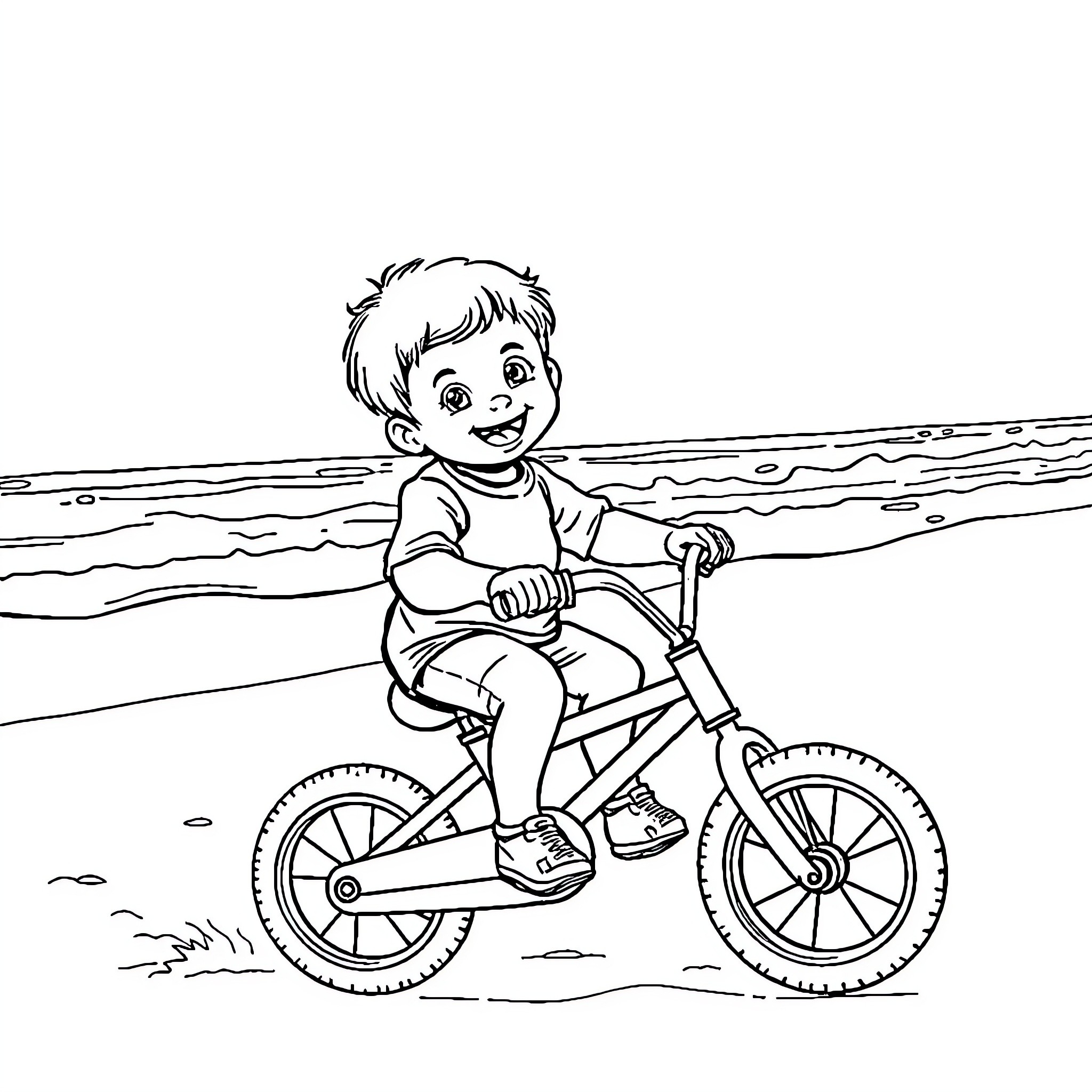 Toddler riding a bicycle on the beach Coloring Page (free black-and-white line drawing printable PDF for all, from beginners to advanced learners, including children, teens, adults, and seniors)