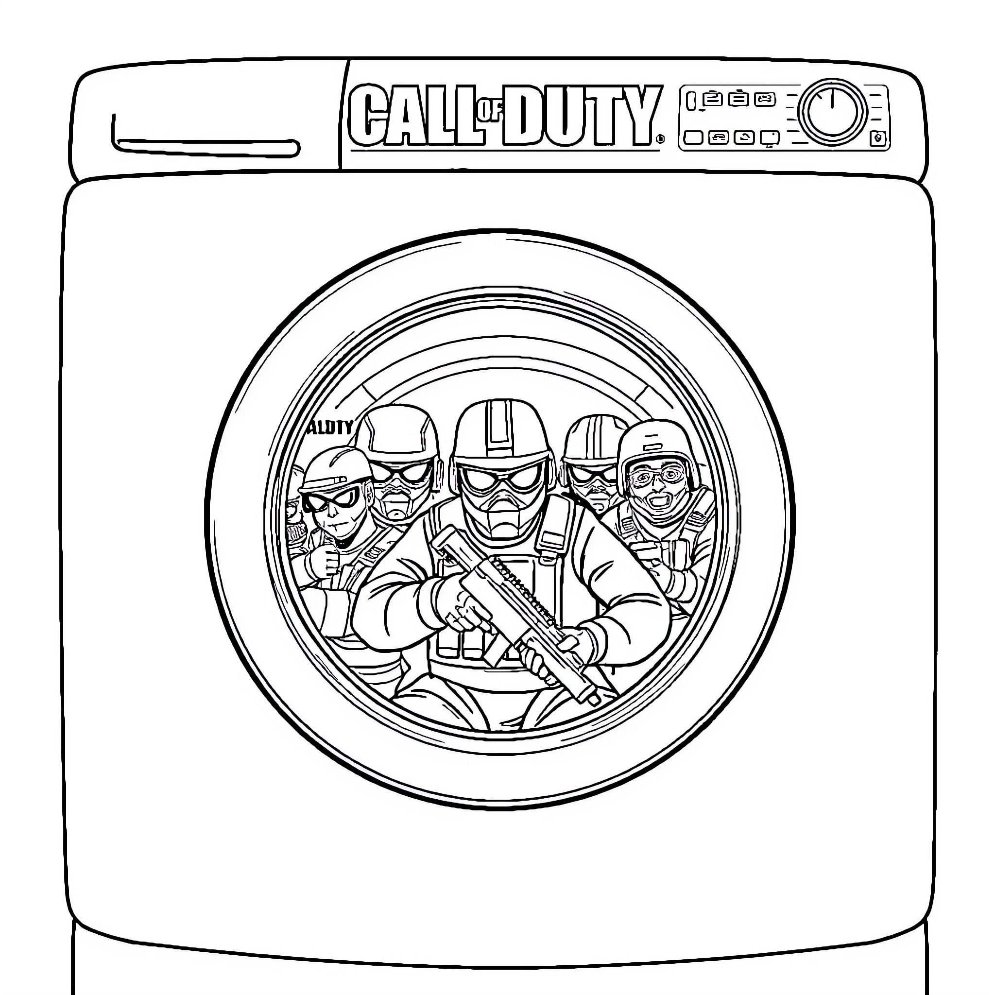 Call of Duty: Soldiers in Combat Action Coloring Page (free black-and-white line drawing printable PDF for all, from beginners to advanced learners, including children, teens, adults, and seniors)