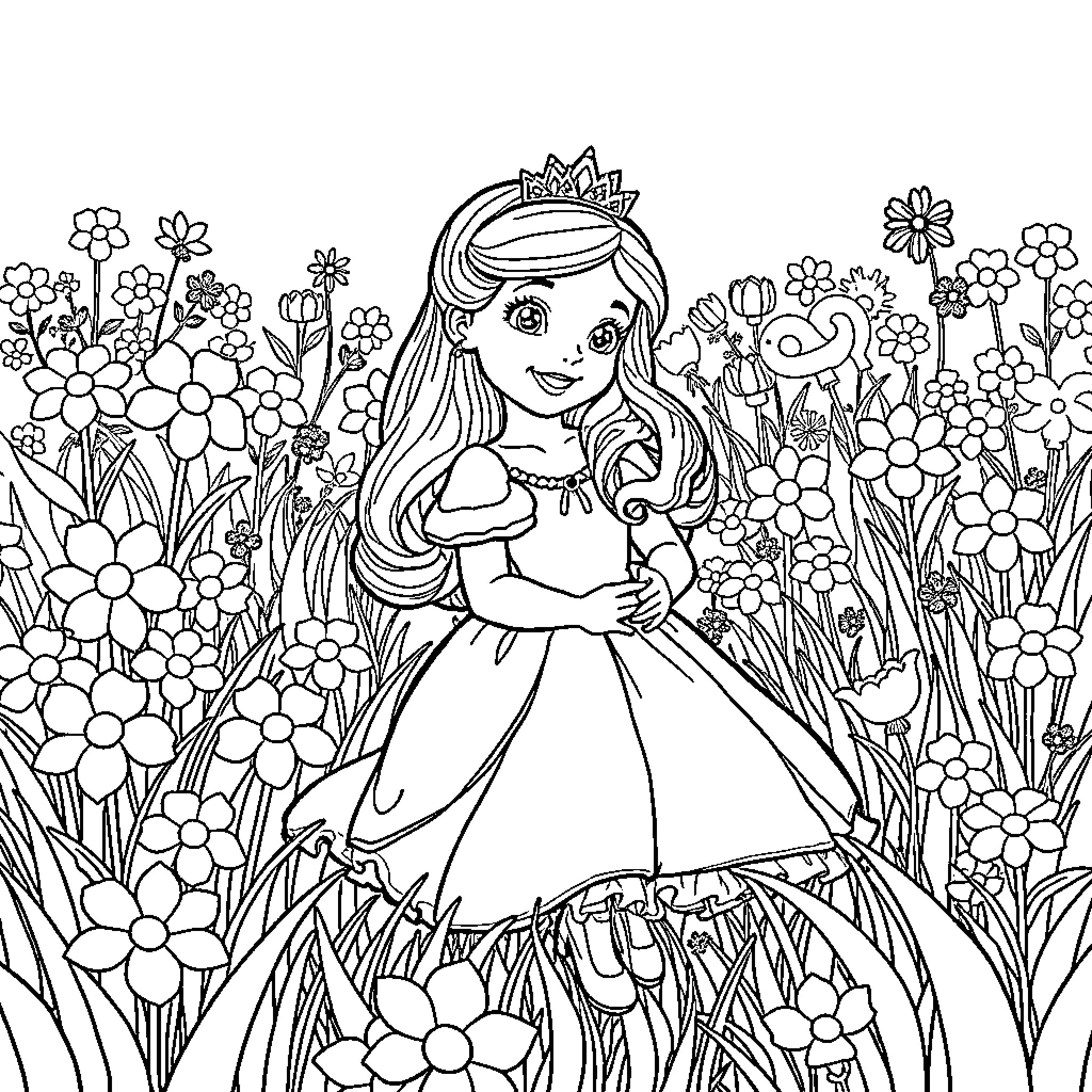 Princess in a Flowery Garden Coloring Page (free black-and-white line drawing printable PDF for all, from beginners to advanced learners, including children, teens, adults, and seniors)