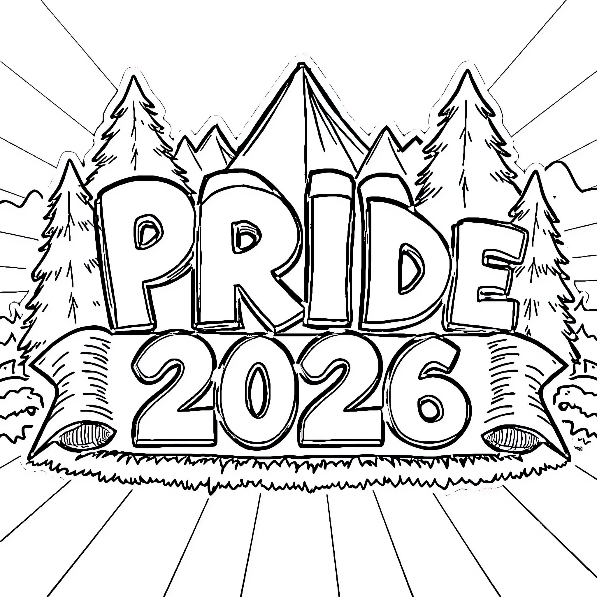 Camp Pride 2026 with outdoor scenery Coloring Page (free black-and-white line drawing printable PDF for all, from beginners to advanced learners, including children, teens, adults, and seniors)