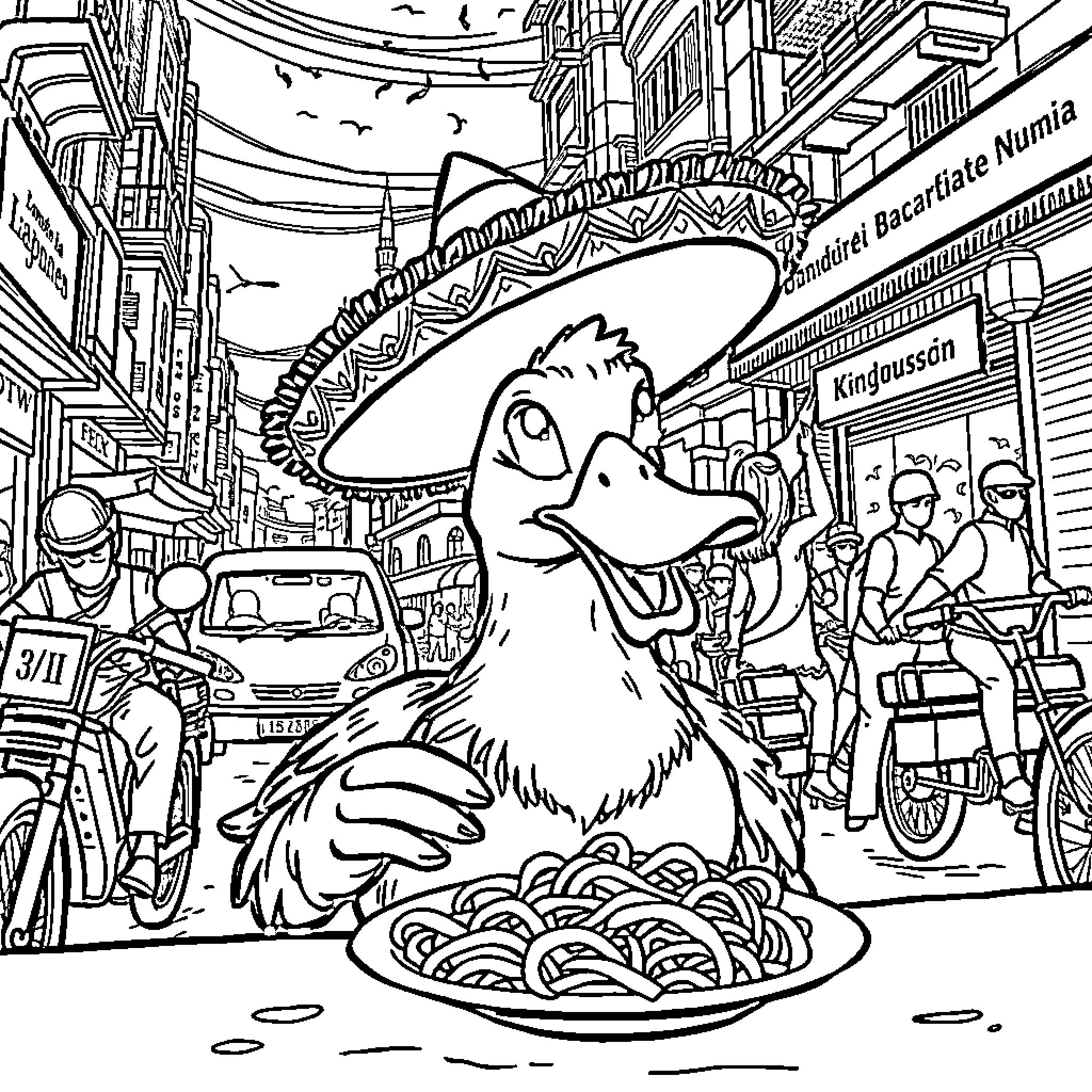 Duck enjoys a lively street scene Coloring Page (free black-and-white line drawing printable PDF for all, from beginners to advanced learners, including children, teens, adults, and seniors)
