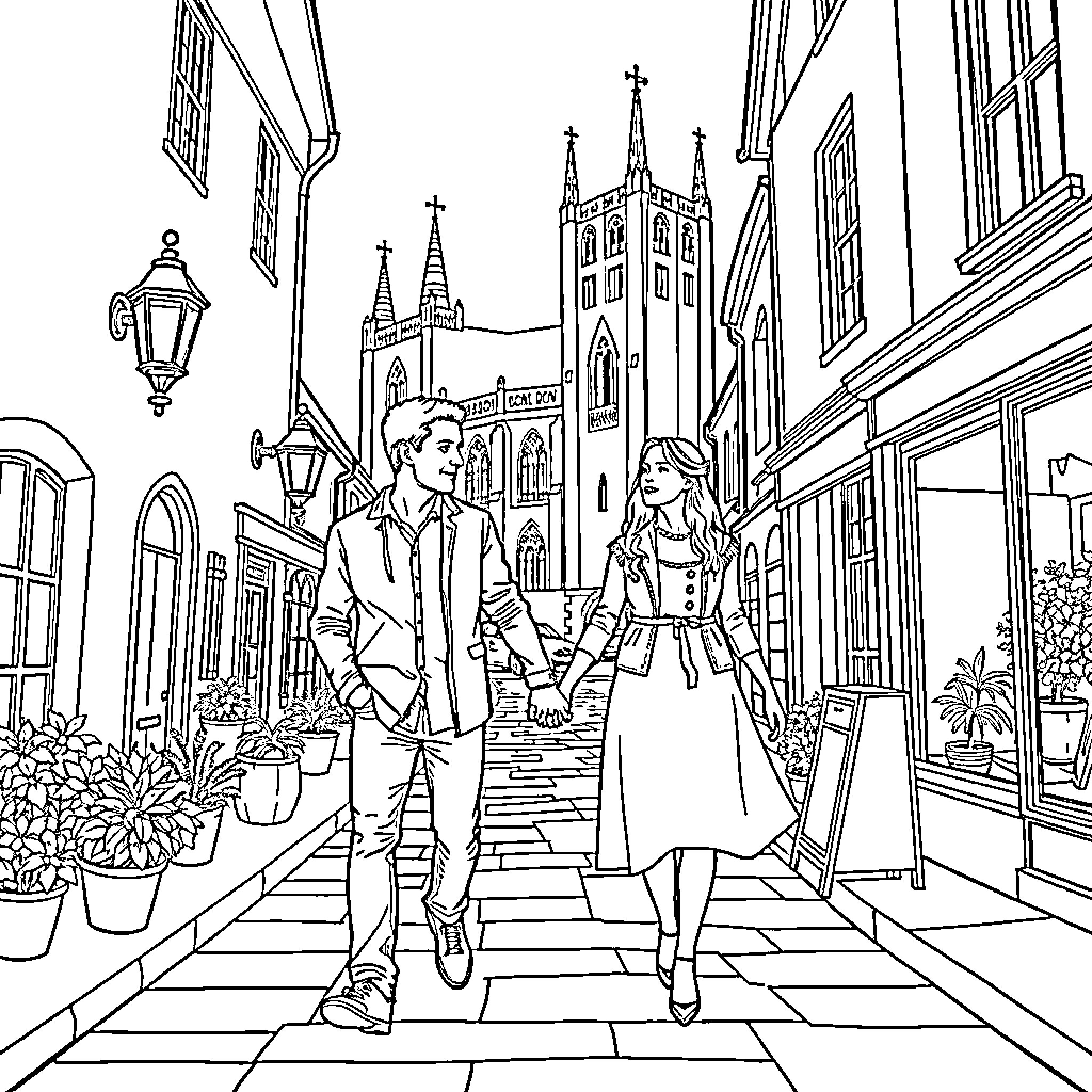 Man and woman strolling through historic city street Coloring Page (free black-and-white line drawing printable PDF for all, from beginners to advanced learners, including children, teens, adults, and seniors)