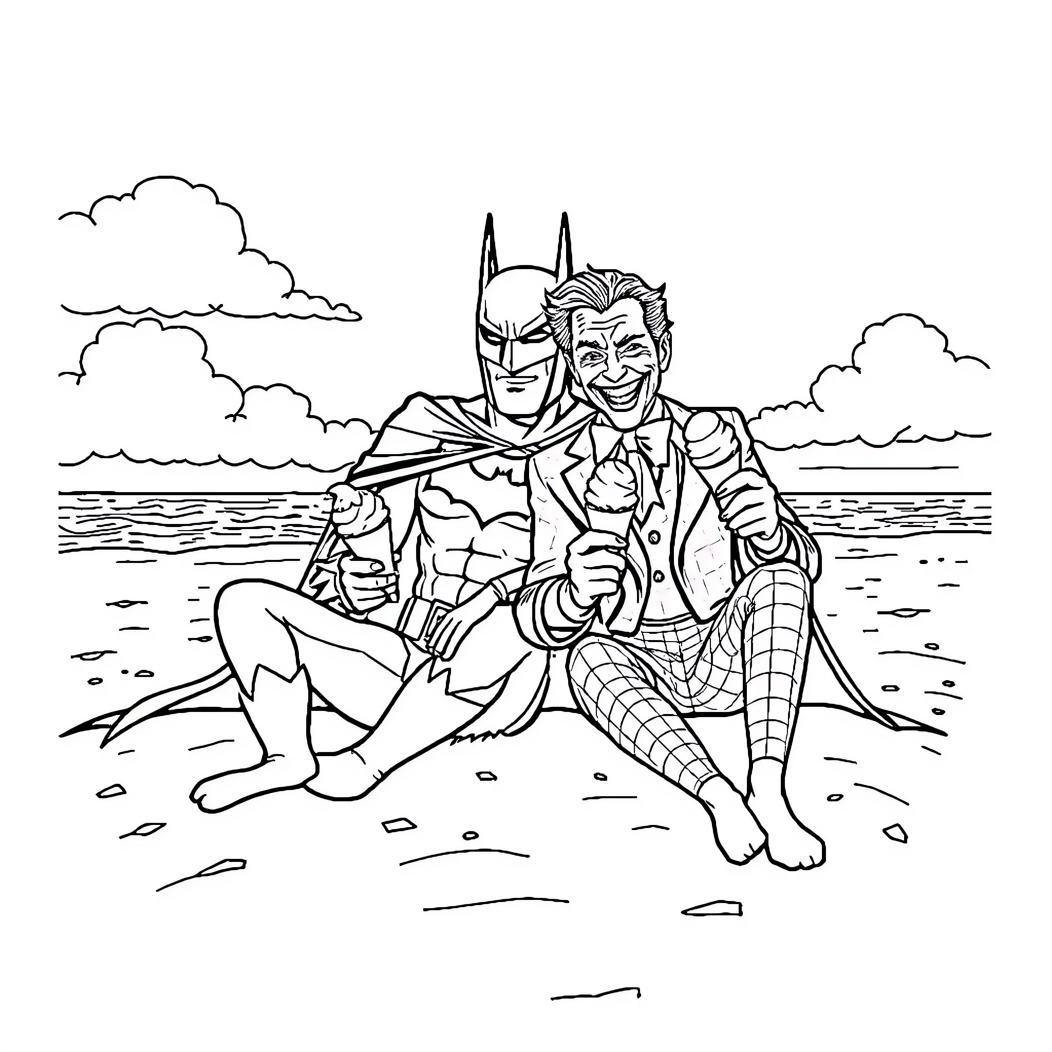 Batman and the Joker Relax on the Beach Coloring Page (free black-and-white line drawing printable PDF for all, from beginners to advanced learners, including children, teens, adults, and seniors)