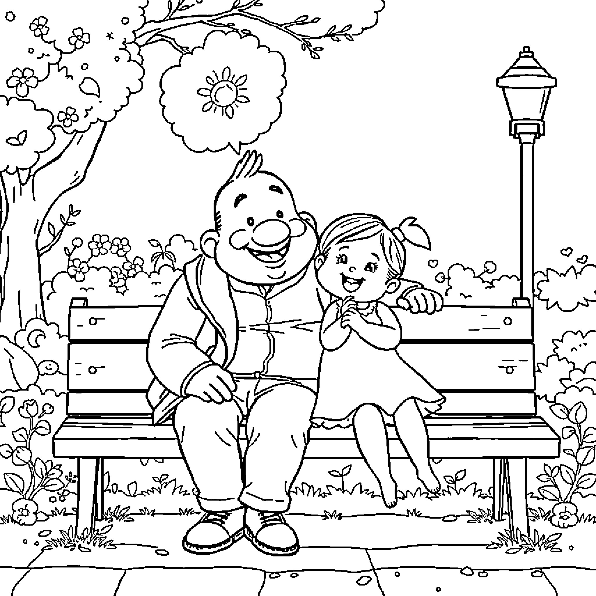 Grandfather and Granddaughter Enjoy a Park Bench Coloring Page (free black-and-white line drawing printable PDF for all, from beginners to advanced learners, including children, teens, adults, and seniors)