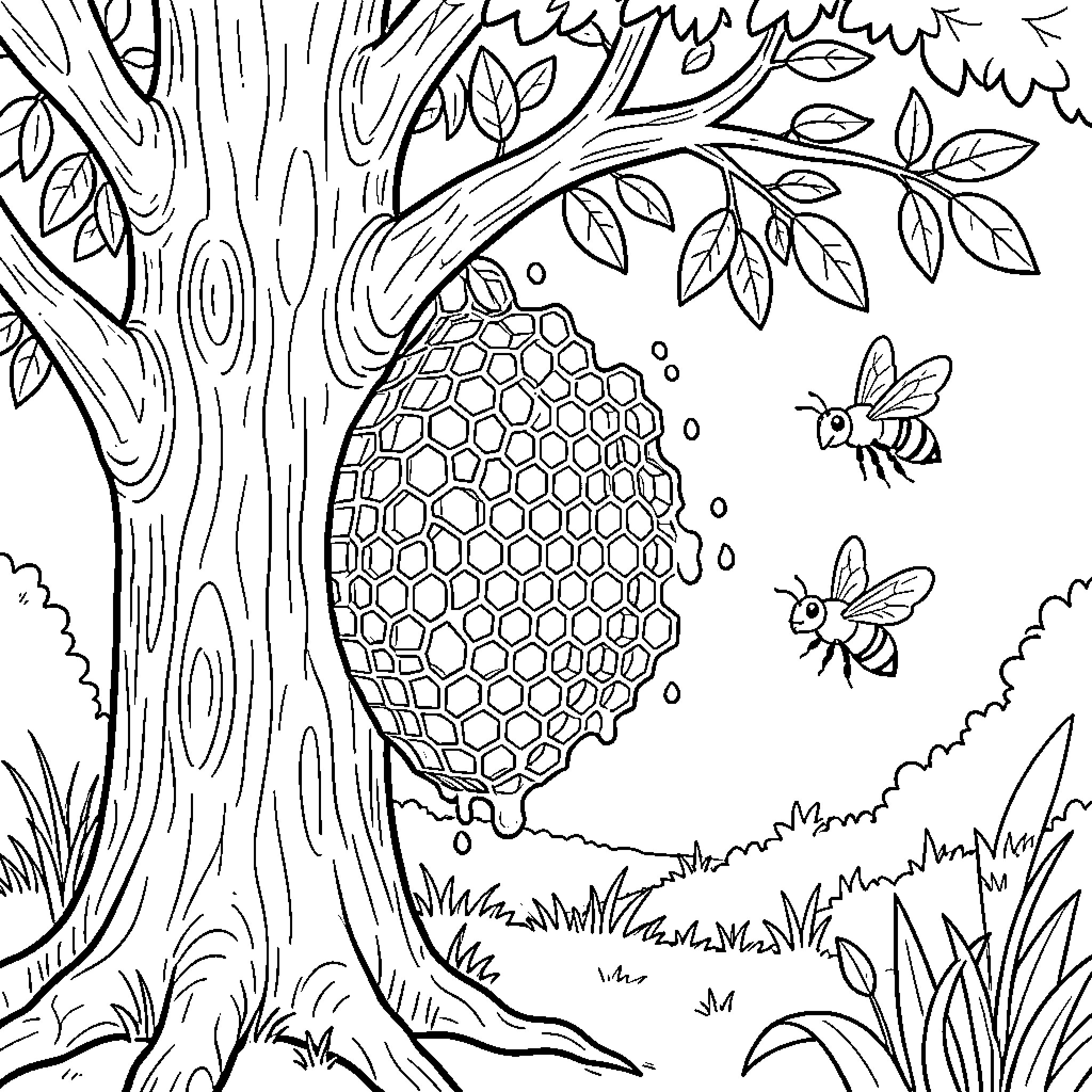 Bees tending to honeycomb in the forest Coloring Page (free black-and-white line drawing printable PDF for all, from beginners to advanced learners, including children, teens, adults, and seniors)