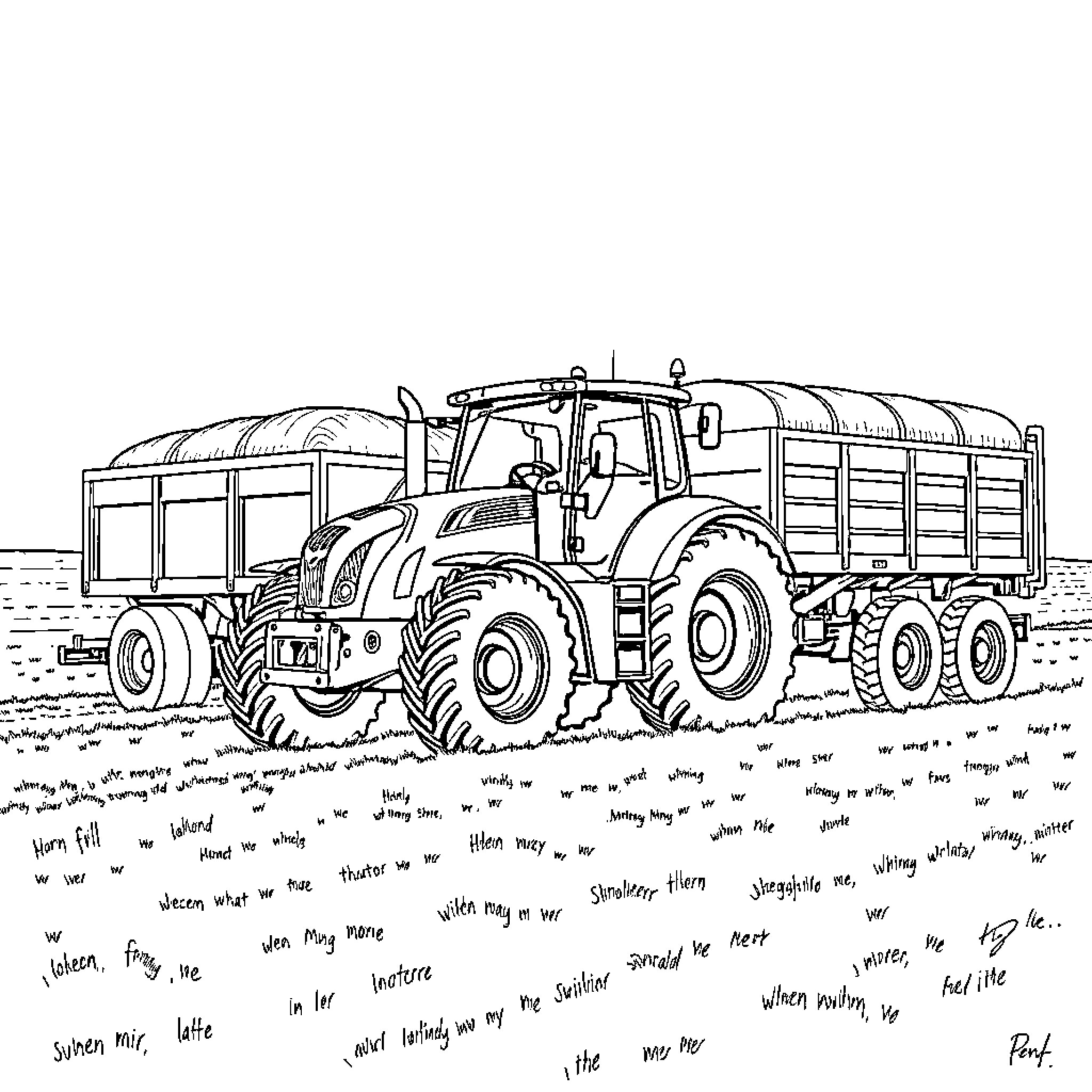 Fendt tractor pulling heavy-duty trailer in the field Coloring Page (free black-and-white line drawing printable PDF for all, from beginners to advanced learners, including children, teens, adults, and seniors)