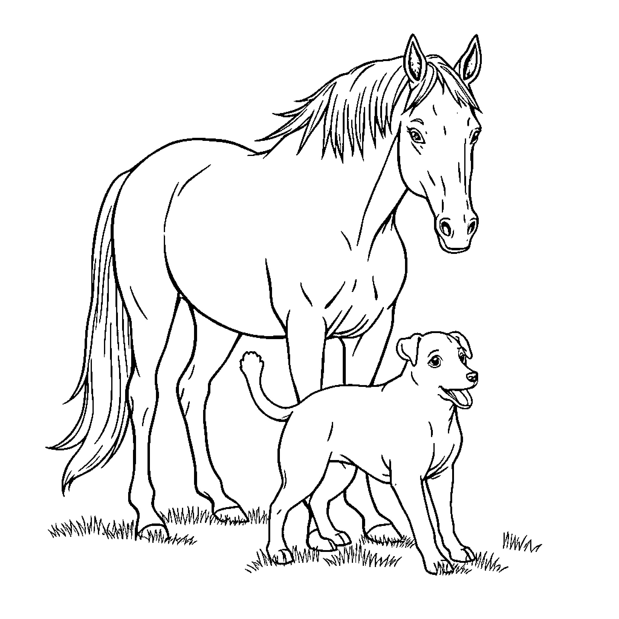 Horse and its companion dog in the field Coloring Page (free black-and-white line drawing printable PDF for all, from beginners to advanced learners, including children, teens, adults, and seniors)