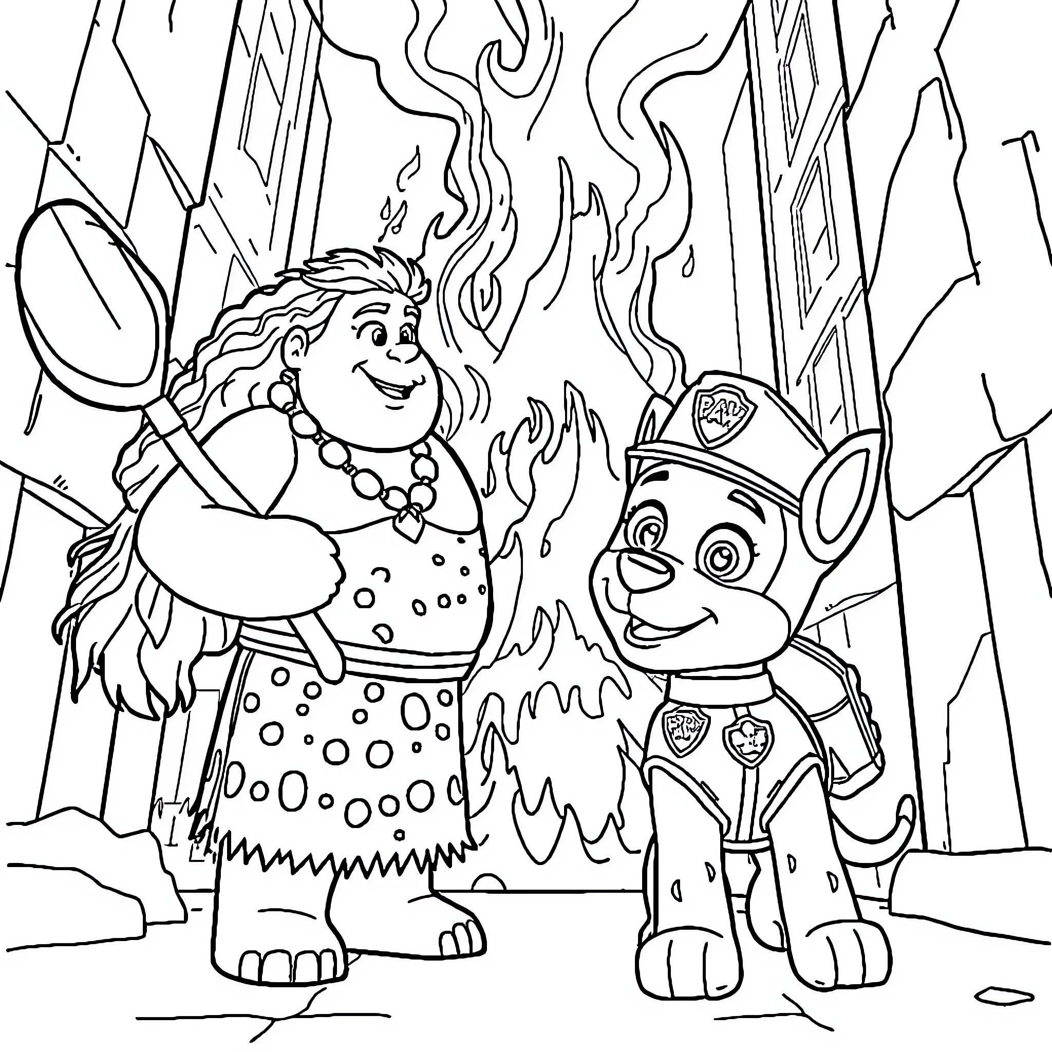 Maui and Paw Patrol Pup Exploring Fiery City Coloring Page (free black-and-white line drawing printable PDF for all, from beginners to advanced learners, including children, teens, adults, and seniors)