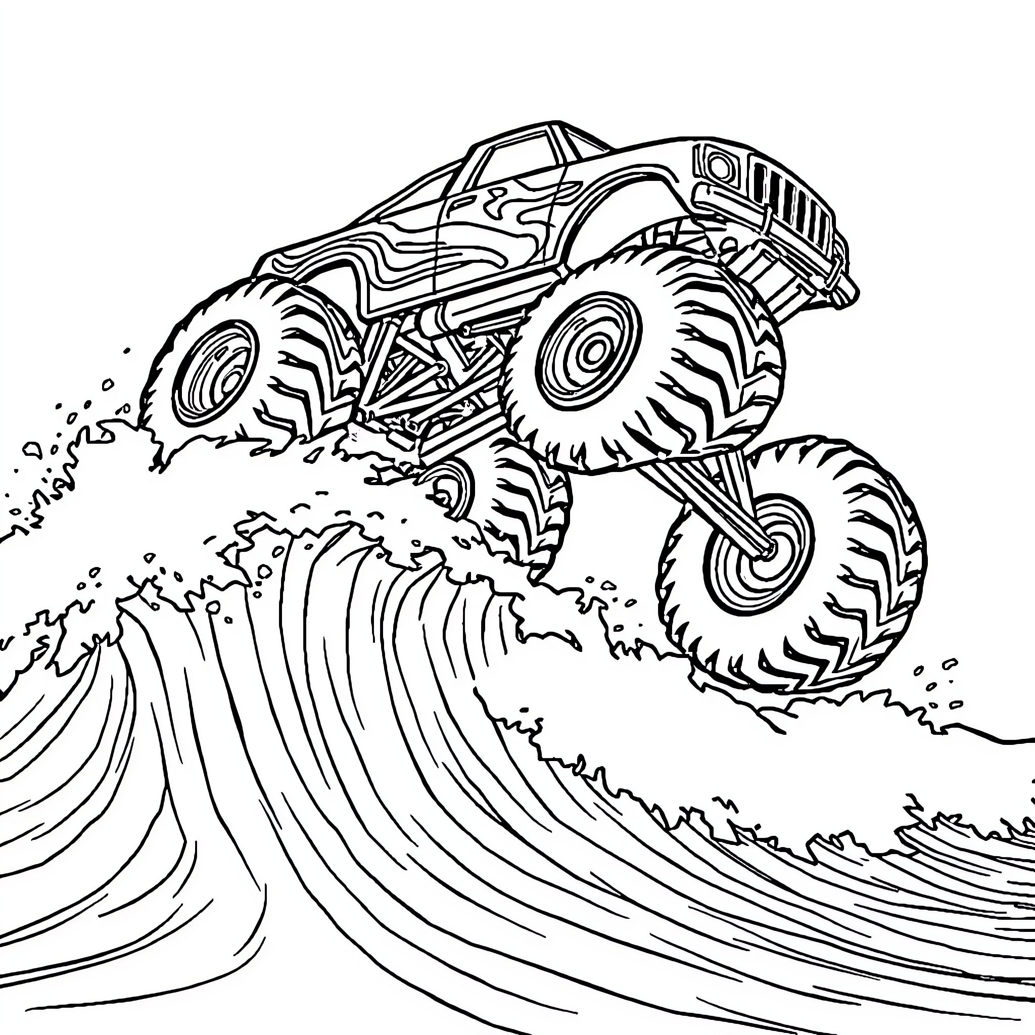 Monster Truck Jumping Over Waves Coloring Page (free black-and-white line drawing printable PDF for all, from beginners to advanced learners, including children, teens, adults, and seniors)