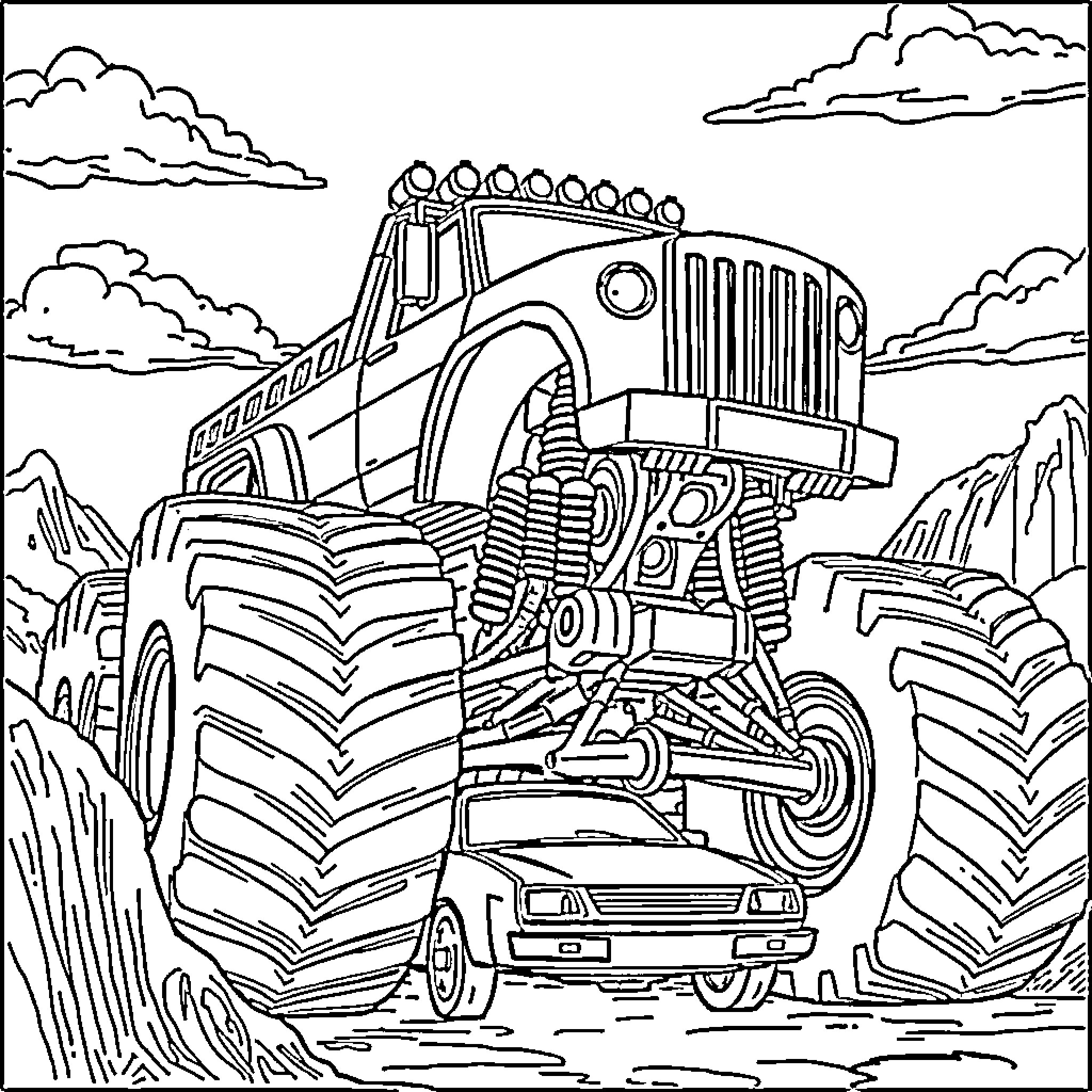 Monster Truck Tackling Rugged Terrain Coloring Page (free black-and-white line drawing printable PDF for all, from beginners to advanced learners, including children, teens, adults, and seniors)