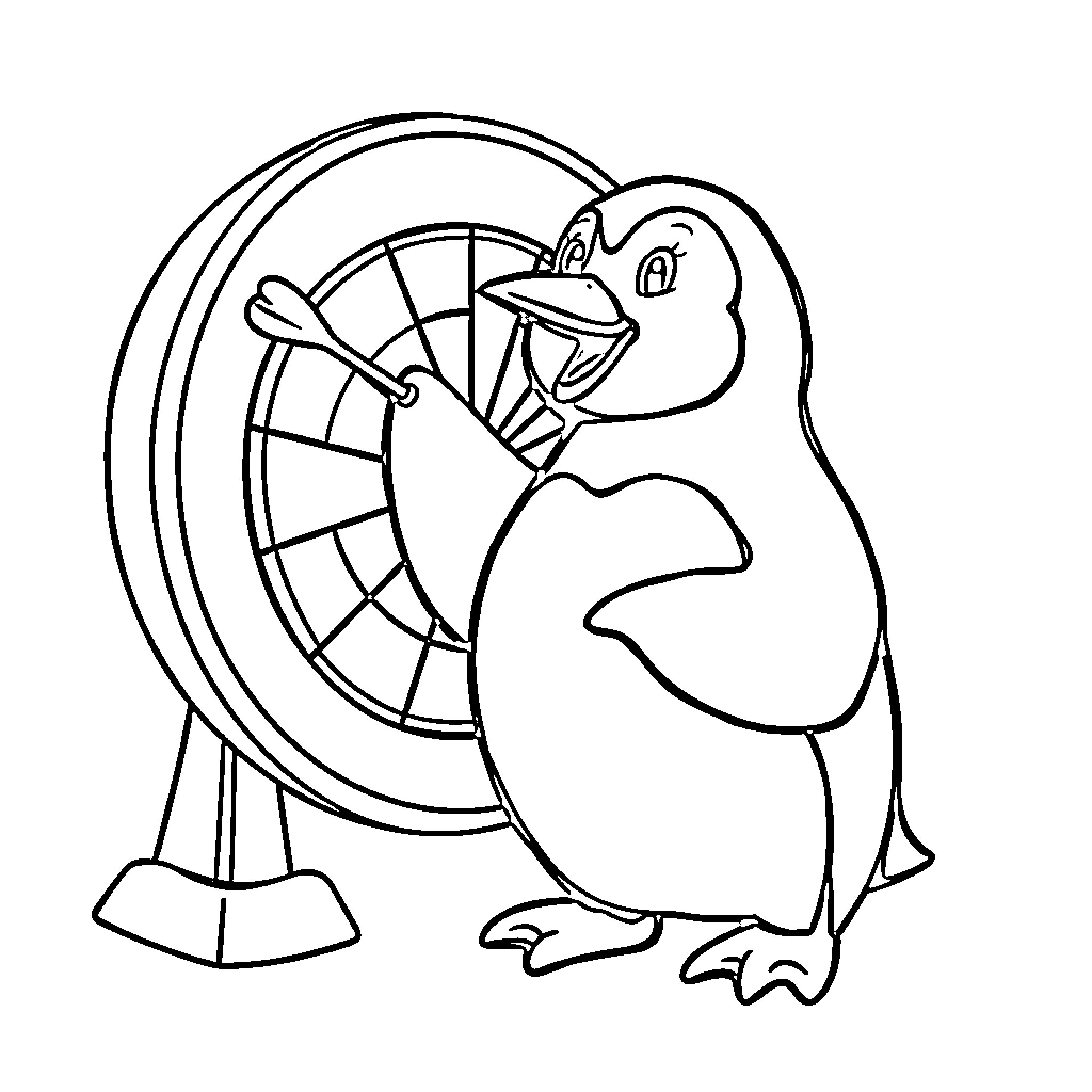 Penguin playing with wheel in cartoon setting Coloring Page (free black-and-white line drawing printable PDF for all, from beginners to advanced learners, including children, teens, adults, and seniors)
