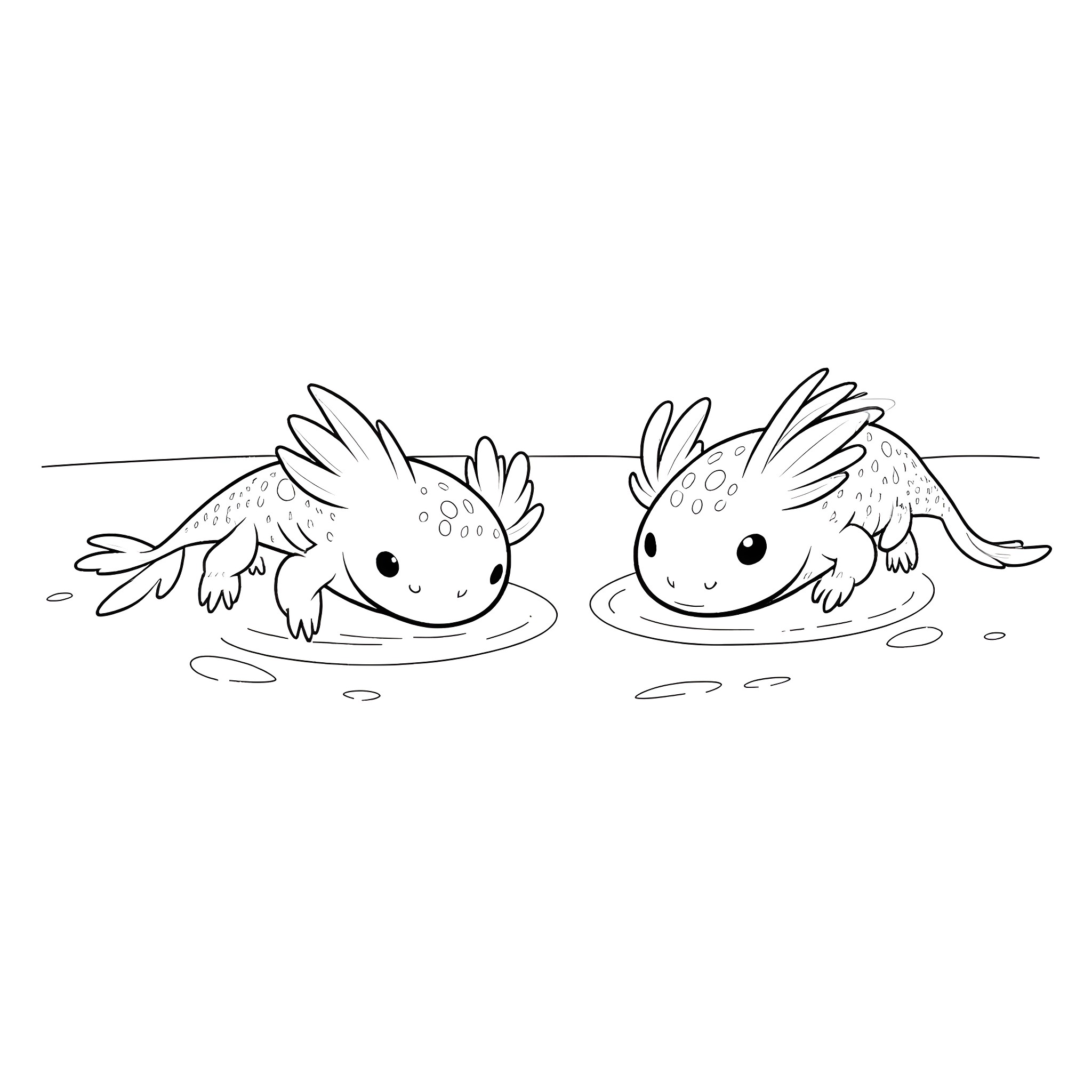 Axolotl swimming happily in the water Coloring Page (free black-and-white line drawing printable PDF for all, from beginners to advanced learners, including children, teens, adults, and seniors)