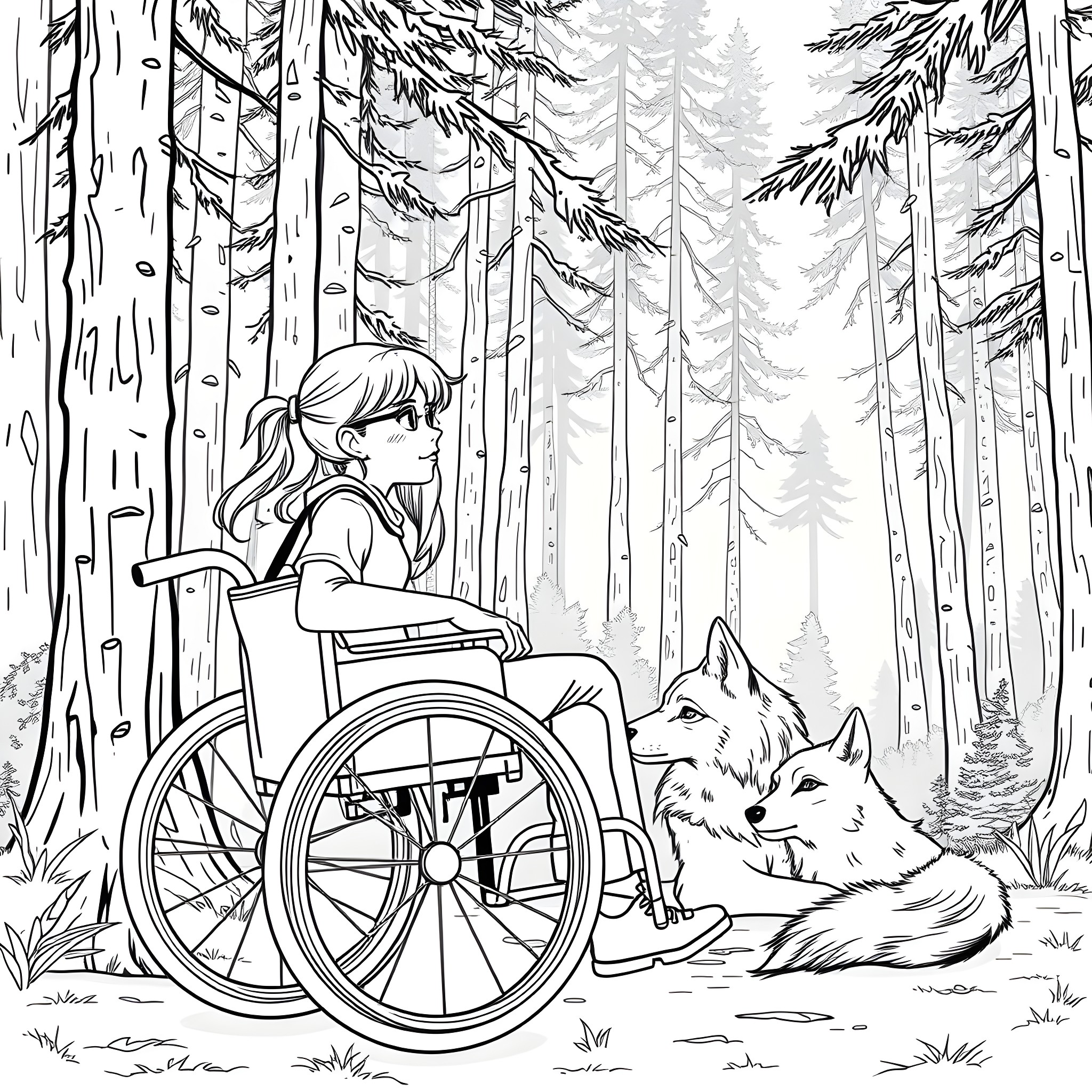 Teen Girl in Wheelchair With Friendly Wolves in Forest Coloring Page (free black-and-white line drawing printable PDF for all, from beginners to advanced learners, including children, teens, adults, and seniors)