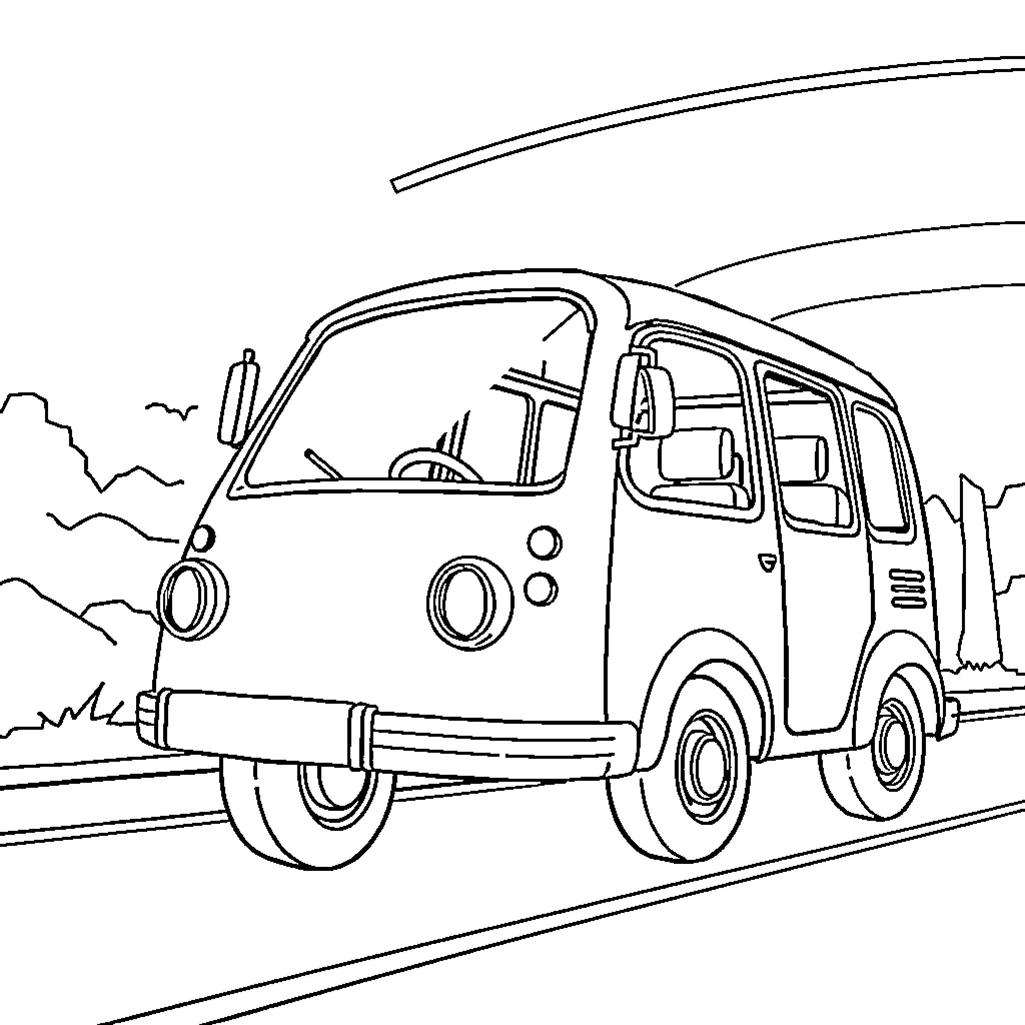 School Bus Traveling on the Open Road Coloring Page (free black-and-white line drawing printable PDF for all, from beginners to advanced learners, including children, teens, adults, and seniors)