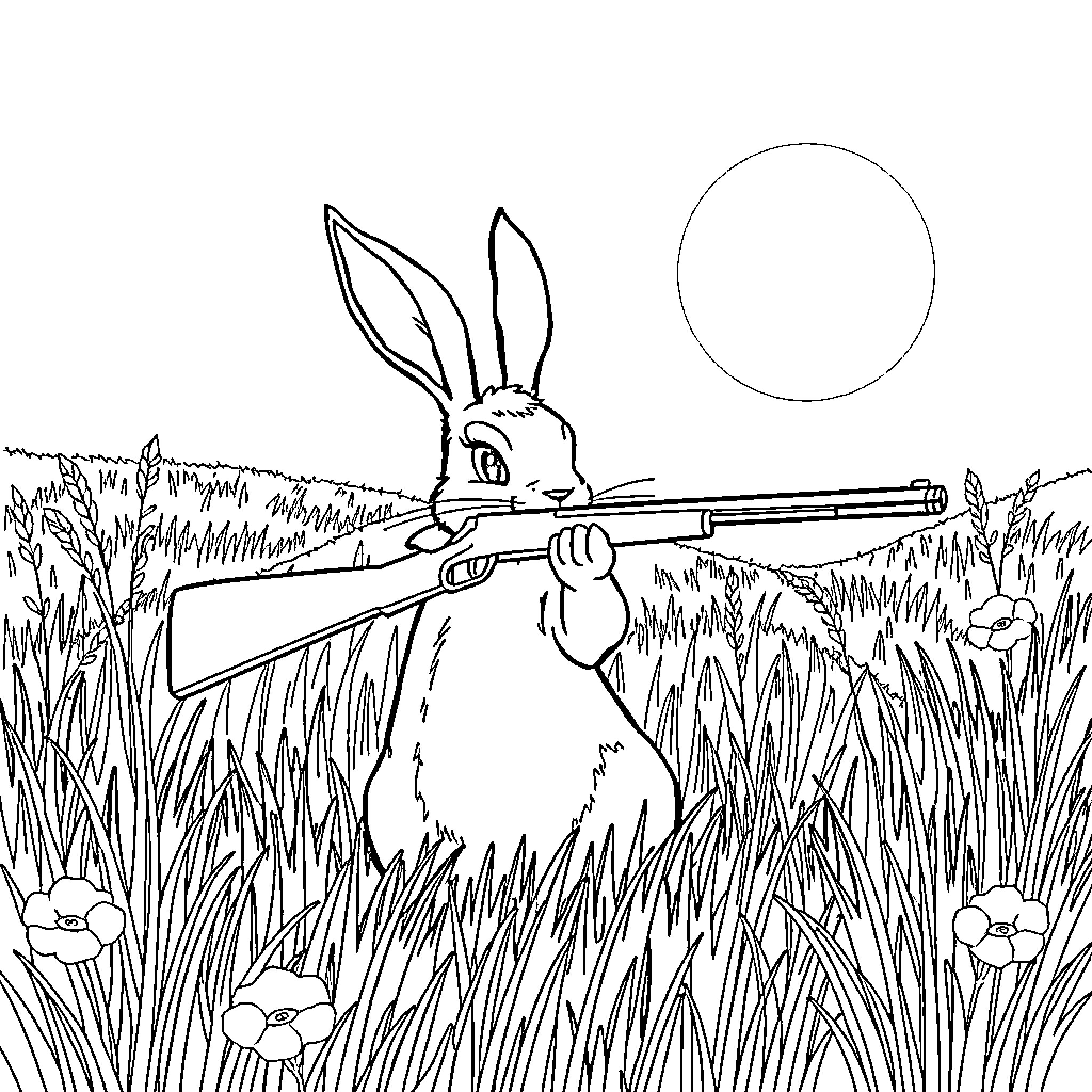 Rabbit with Rifle in Grassy Field Coloring Page (free black-and-white line drawing printable PDF for all, from beginners to advanced learners, including children, teens, adults, and seniors)