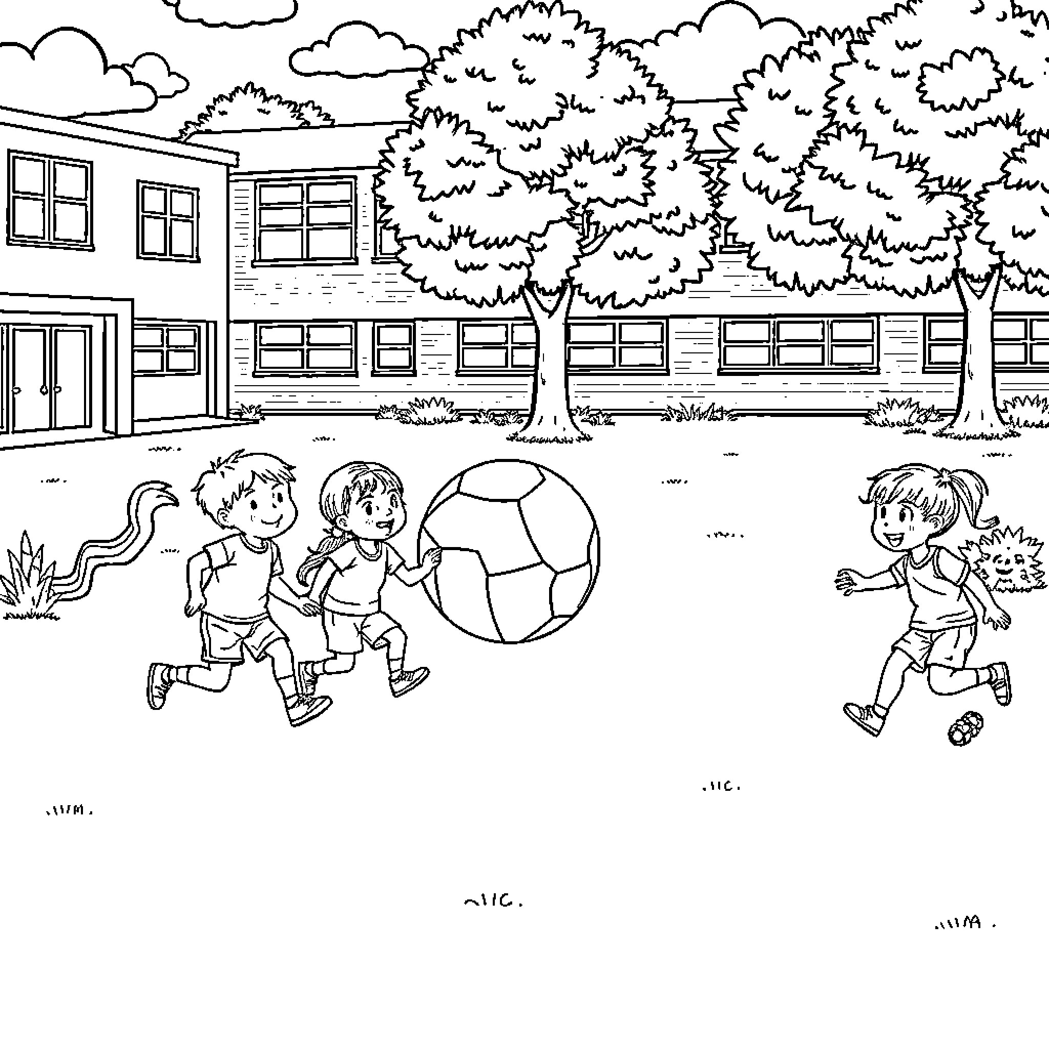 Kid's Outdoor Fun on the Schoolyard Coloring Page (free black-and-white line drawing printable PDF for all, from beginners to advanced learners, including children, teens, adults, and seniors)