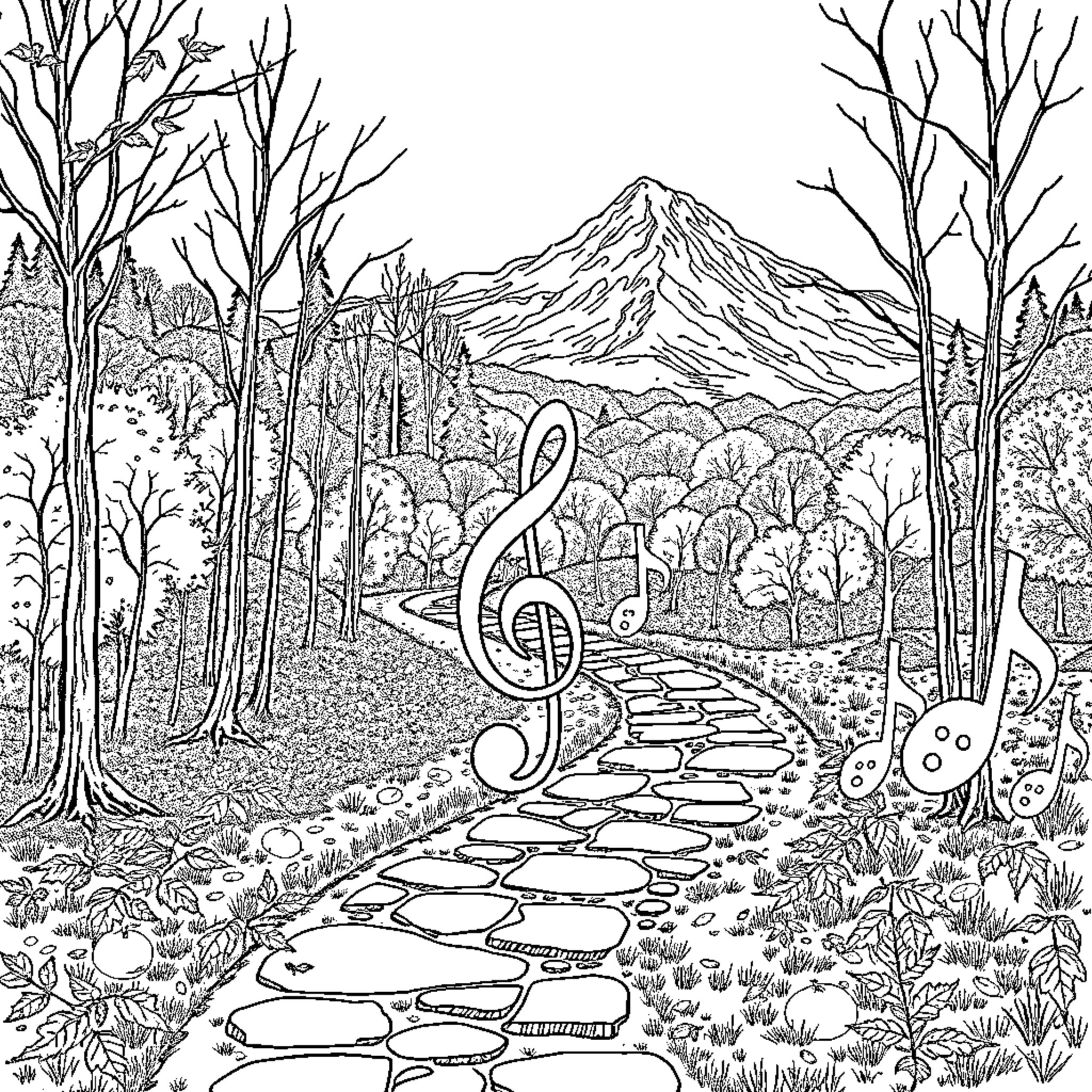 Treble Clef Melody Through Nature's Serene Landscape Coloring Page (free black-and-white line drawing printable PDF for all, from beginners to advanced learners, including children, teens, adults, and seniors)