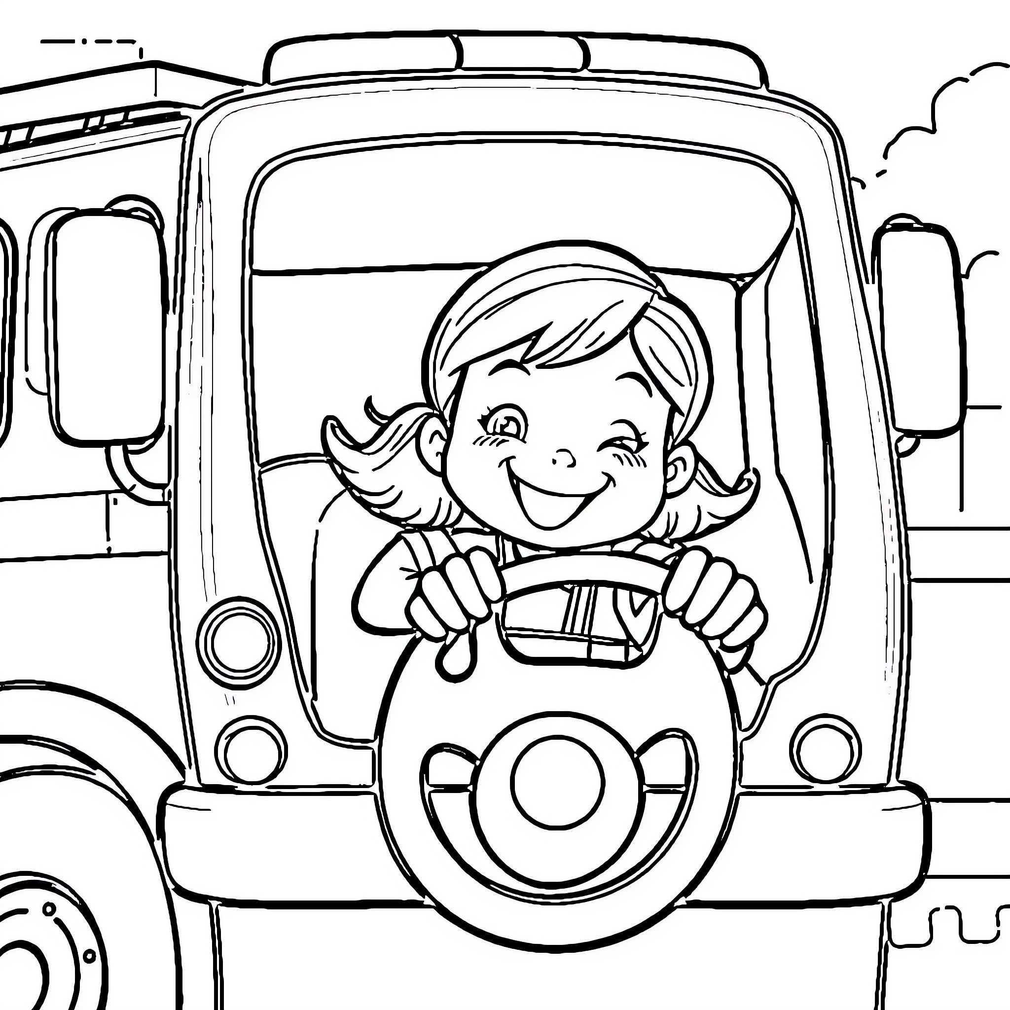 Girl Driving Toy Tractor on Road Coloring Page (free black-and-white line drawing printable PDF for all, from beginners to advanced learners, including children, teens, adults, and seniors)