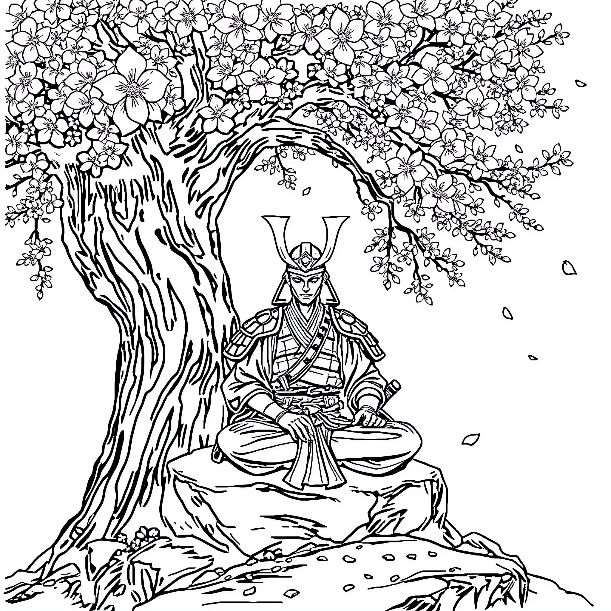 Samurai meditating under the blossoming tree Coloring Page (free black-and-white line drawing printable PDF for all, from beginners to advanced learners, including children, teens, adults, and seniors)