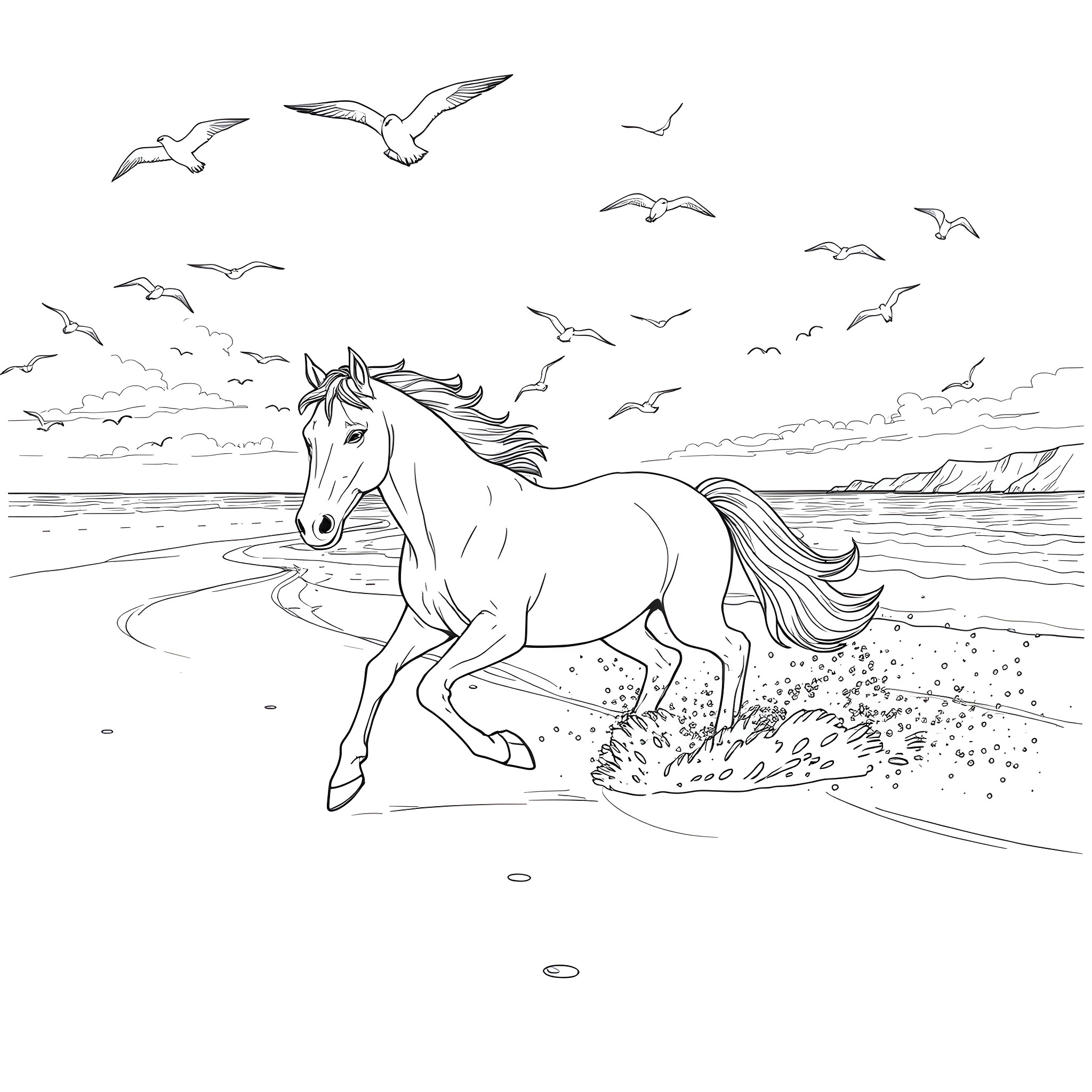 Horse running freely on the beach with seagulls Coloring Page (free black-and-white line drawing printable PDF for all, from beginners to advanced learners, including children, teens, adults, and seniors)