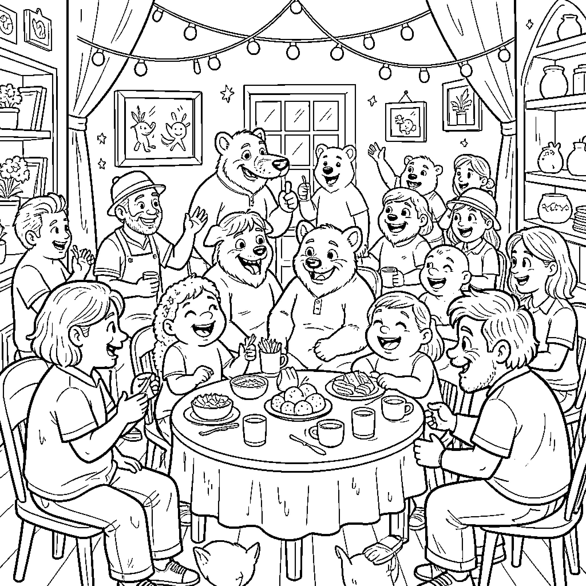 Jarker joyful gathering of people and bears at a feast Coloring Page (free black-and-white line drawing printable PDF for all, from beginners to advanced learners, including children, teens, adults, and seniors)
