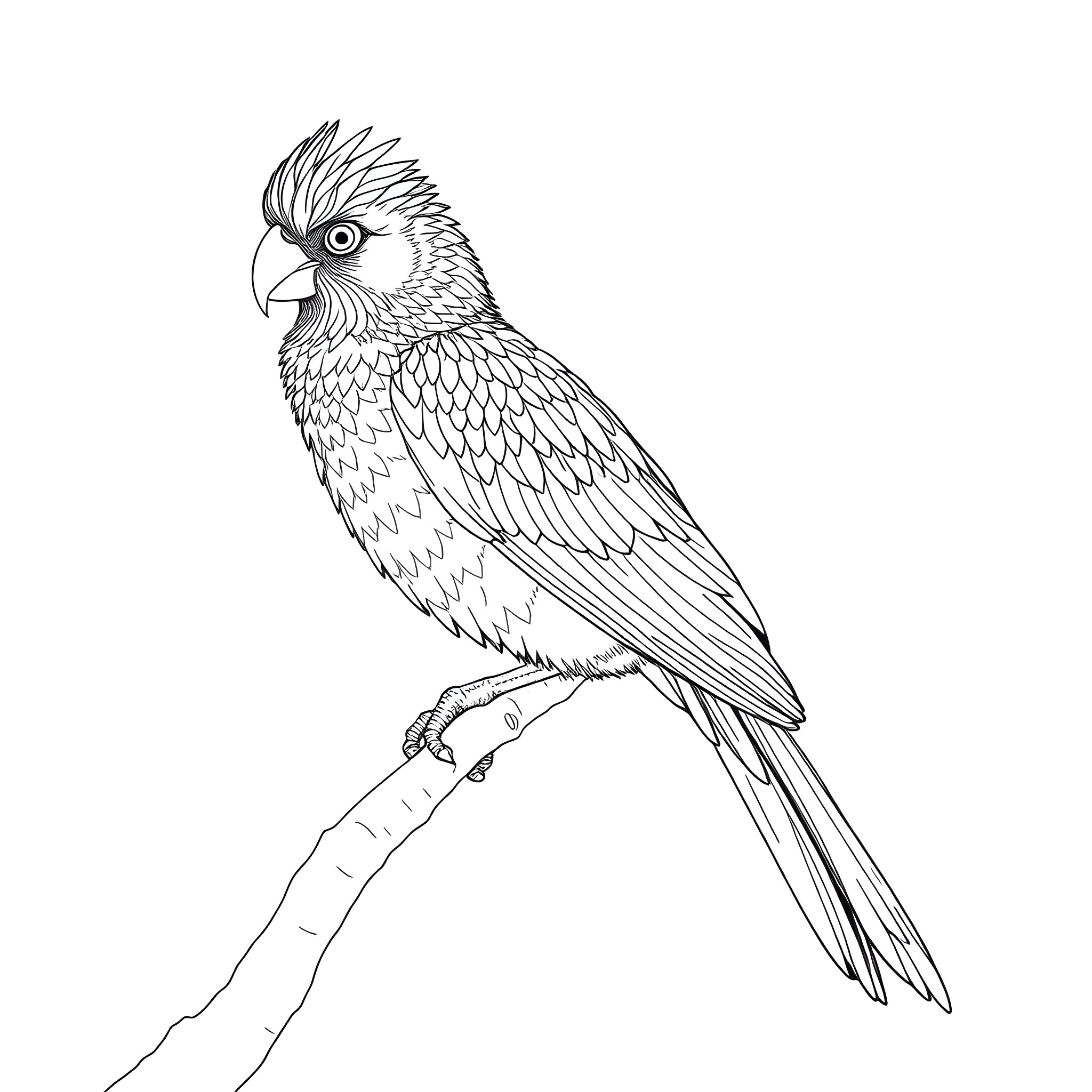 Passerina parrot perching on branch Coloring Page (free black-and-white line drawing printable PDF for all, from beginners to advanced learners, including children, teens, adults, and seniors)