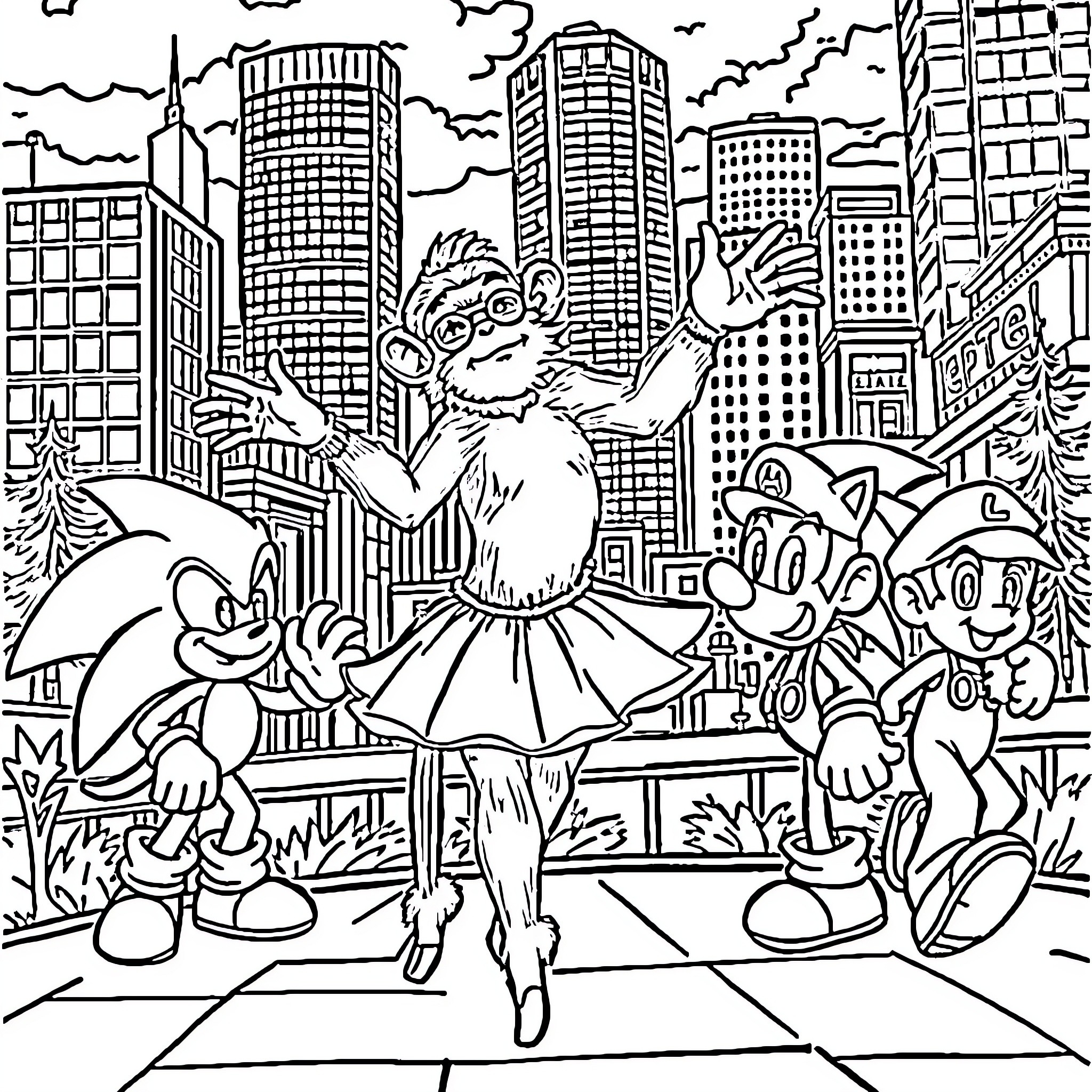 Ballerina performing in the city with animated characters Coloring Page (free black-and-white line drawing printable PDF for all, from beginners to advanced learners, including children, teens, adults, and seniors)