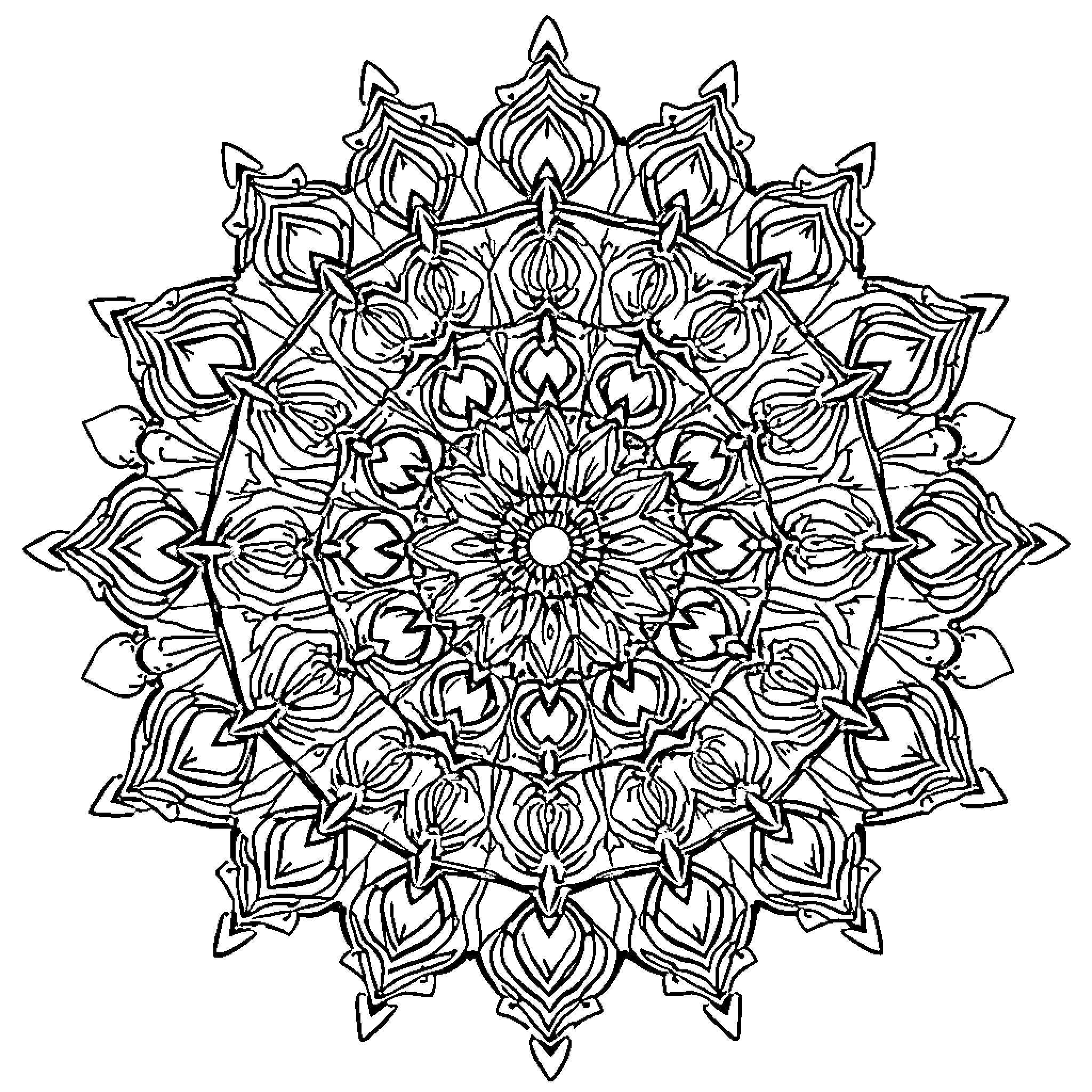 Mandala of intricate floral patterns Coloring Page (free black-and-white line drawing printable PDF for all, from beginners to advanced learners, including children, teens, adults, and seniors)