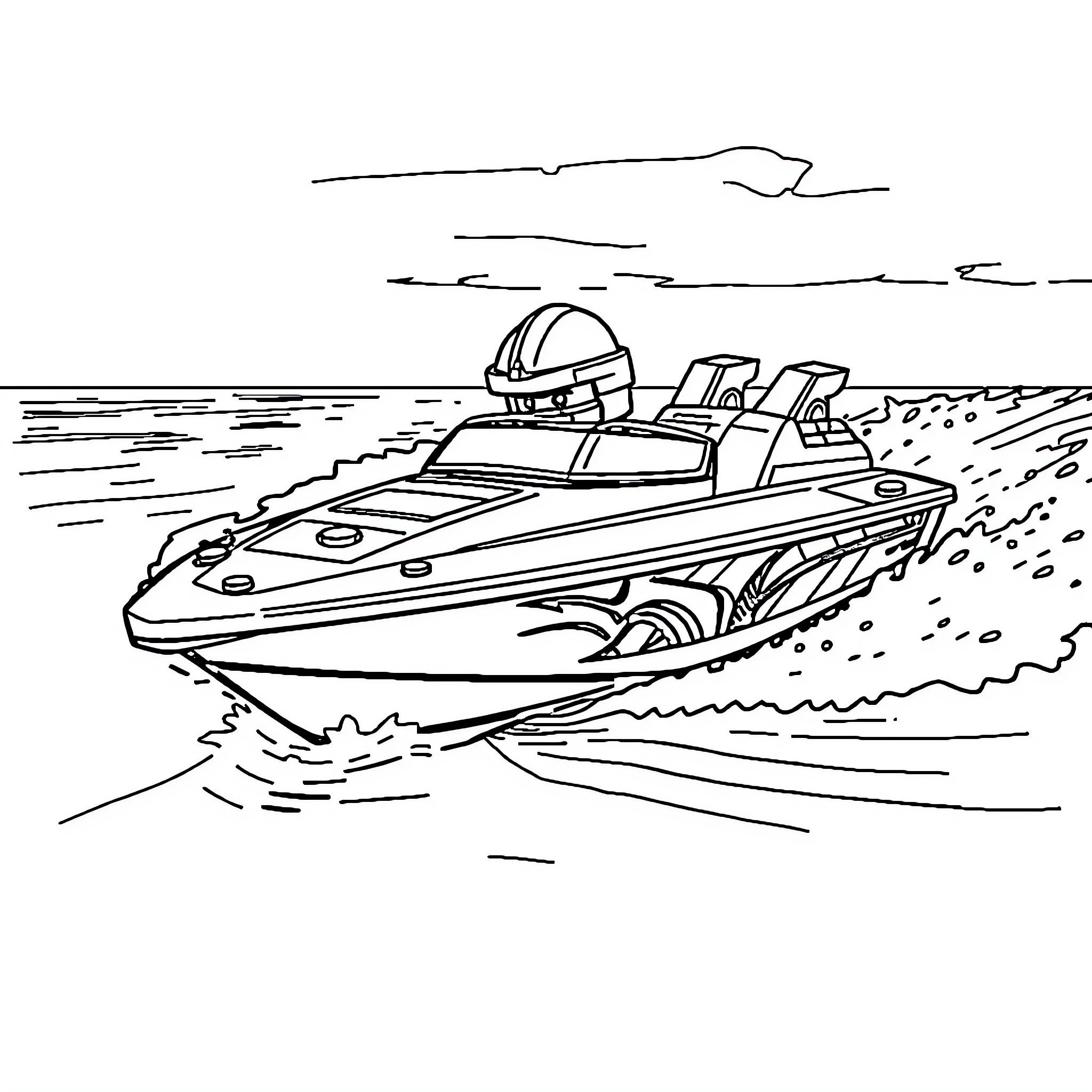 Boat speeding across the waves Coloring Page (free black-and-white line drawing printable PDF for all, from beginners to advanced learners, including children, teens, adults, and seniors)