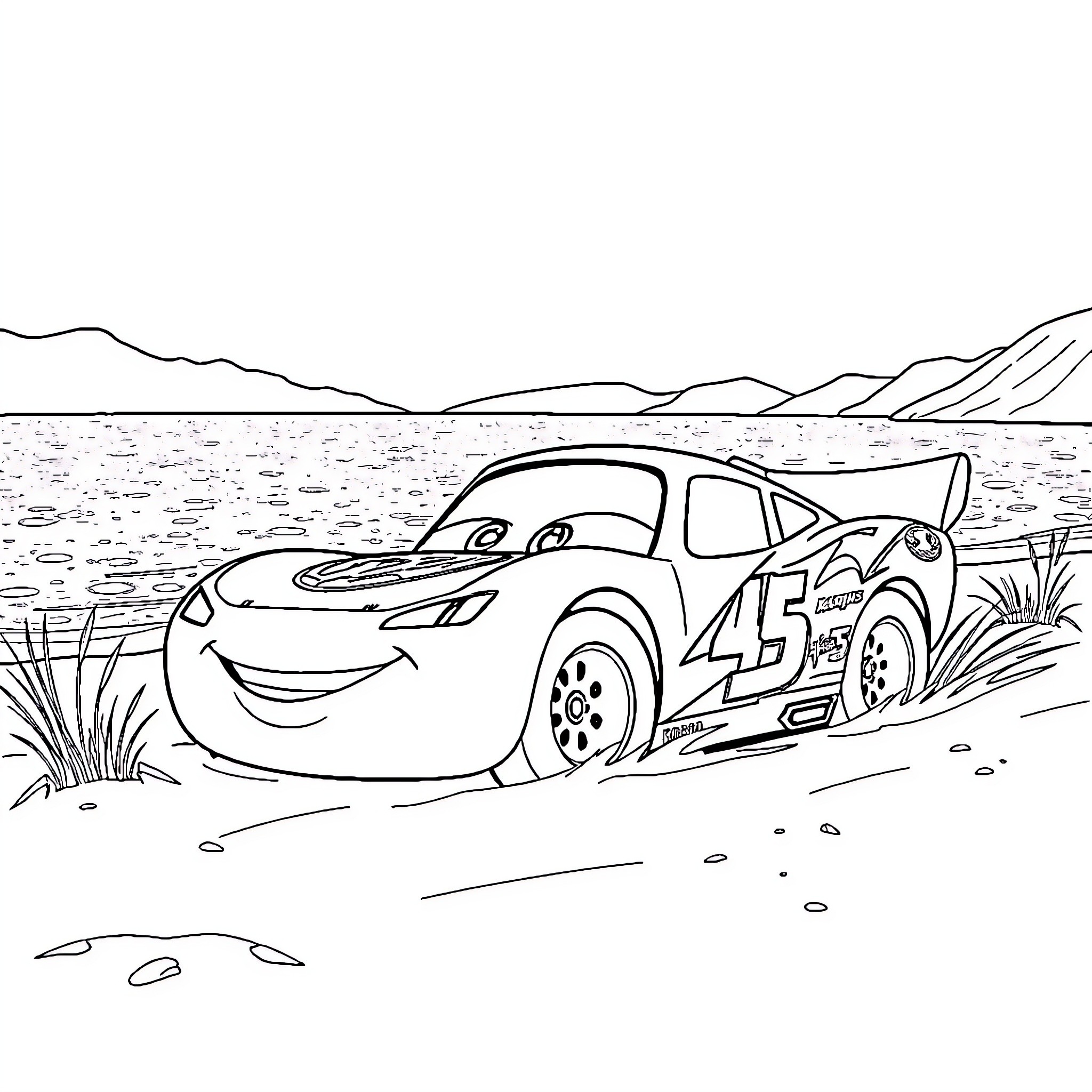 Lightning McQueen racing on the desert track Coloring Page (free black-and-white line drawing printable PDF for all, from beginners to advanced learners, including children, teens, adults, and seniors)