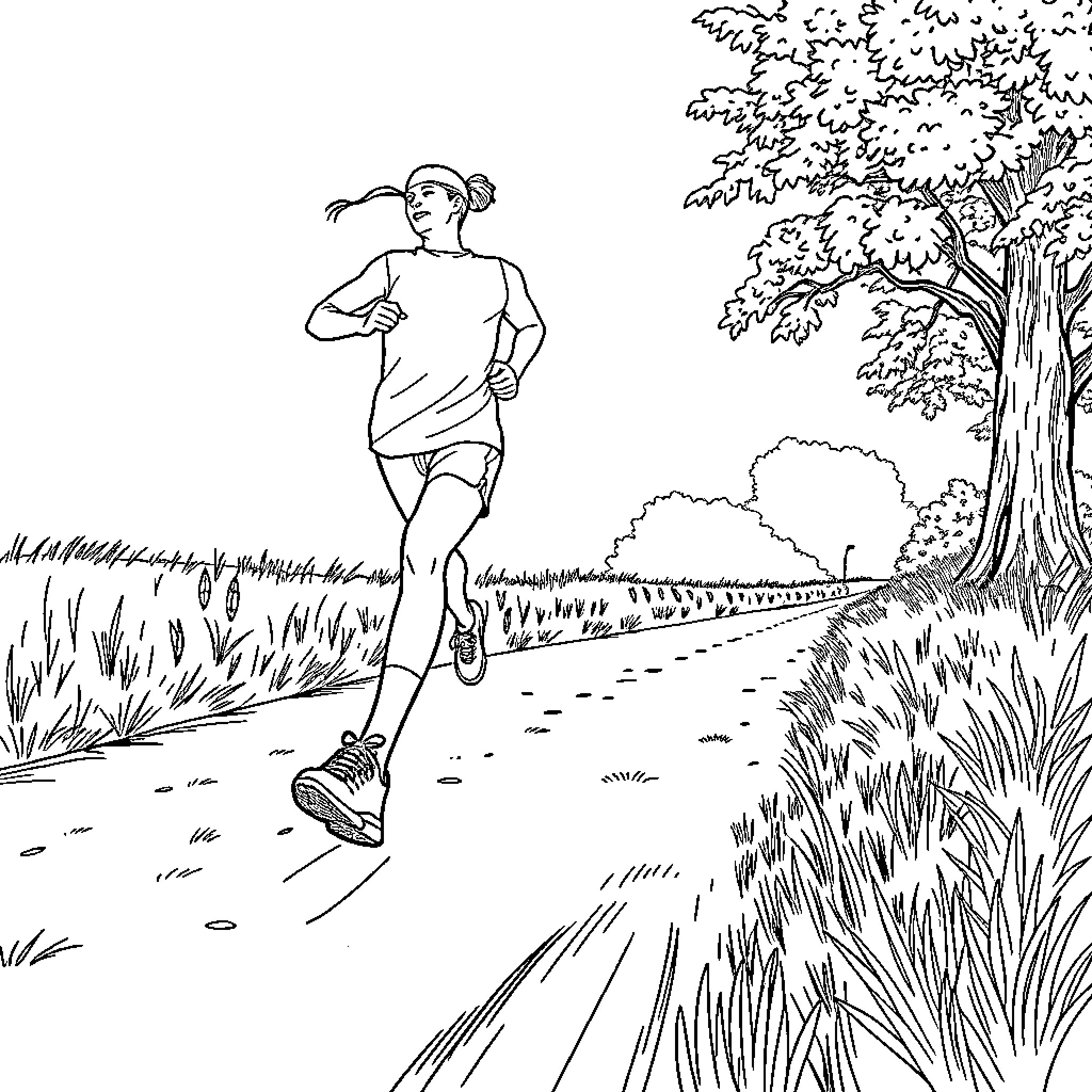 Runner Jogging on a Scenic Trail Coloring Page (free black-and-white line drawing printable PDF for all, from beginners to advanced learners, including children, teens, adults, and seniors)