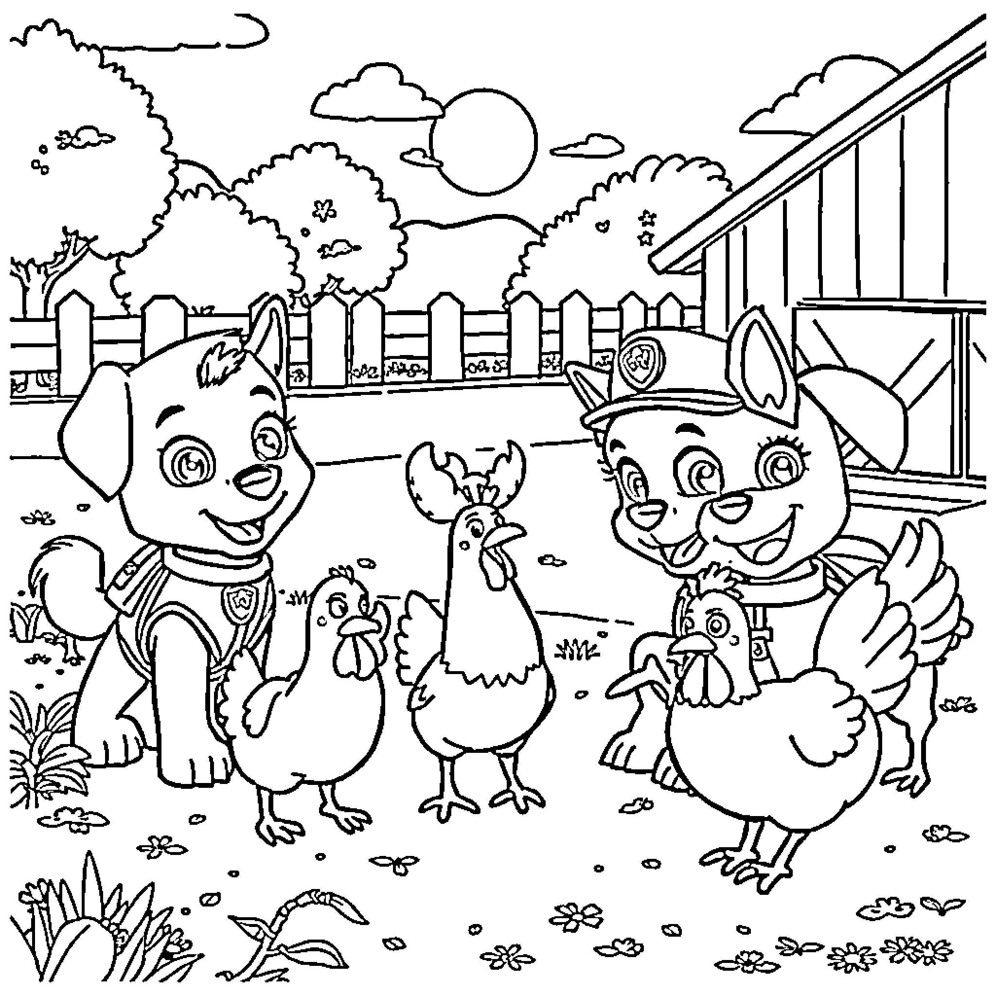 Paw Patrol characters exploring the farmyard Coloring Page (free black-and-white line drawing printable PDF for all, from beginners to advanced learners, including children, teens, adults, and seniors)