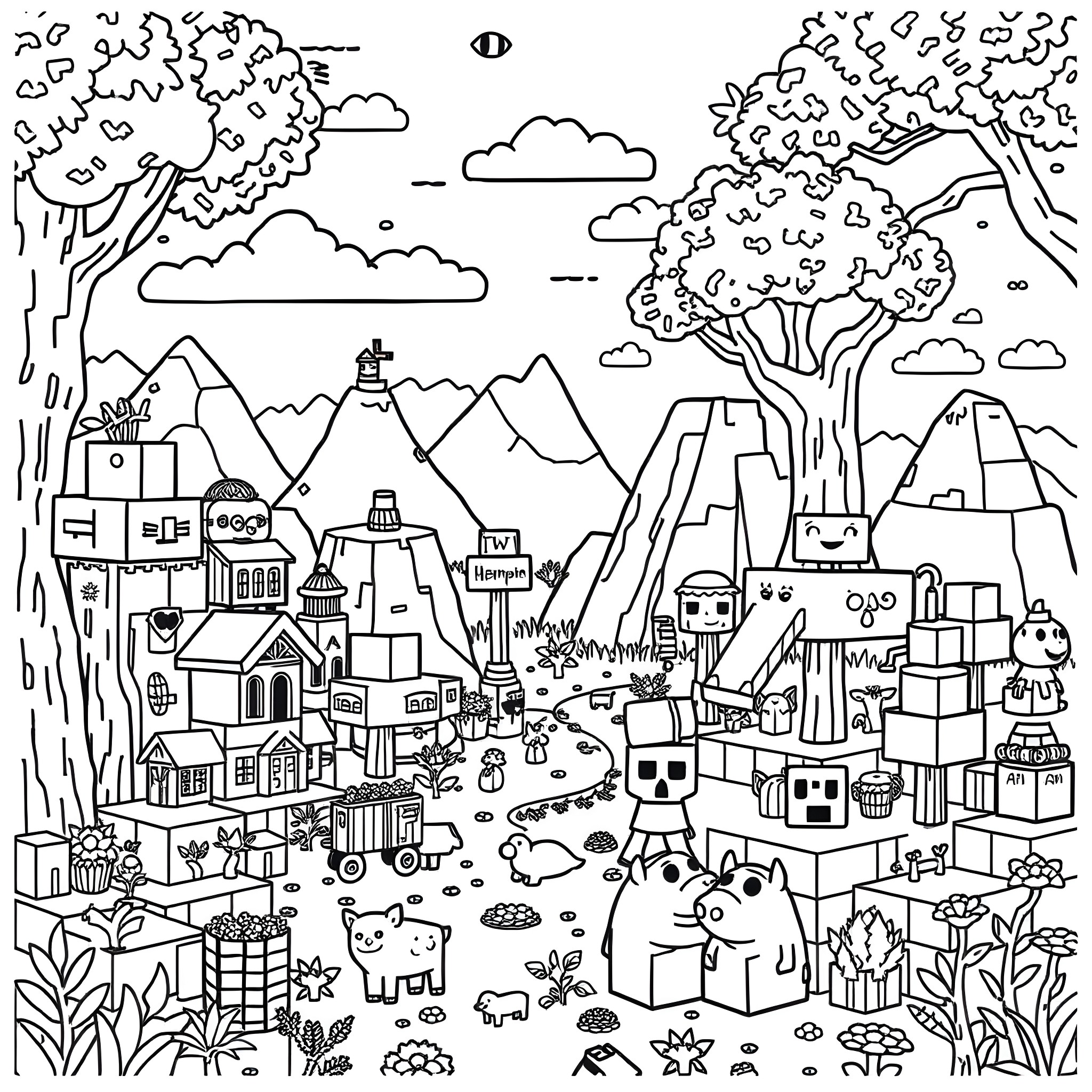 Minecraft Town with Diverse Structures and Landscapes Coloring Page (free black-and-white line drawing printable PDF for all, from beginners to advanced learners, including children, teens, adults, and seniors)