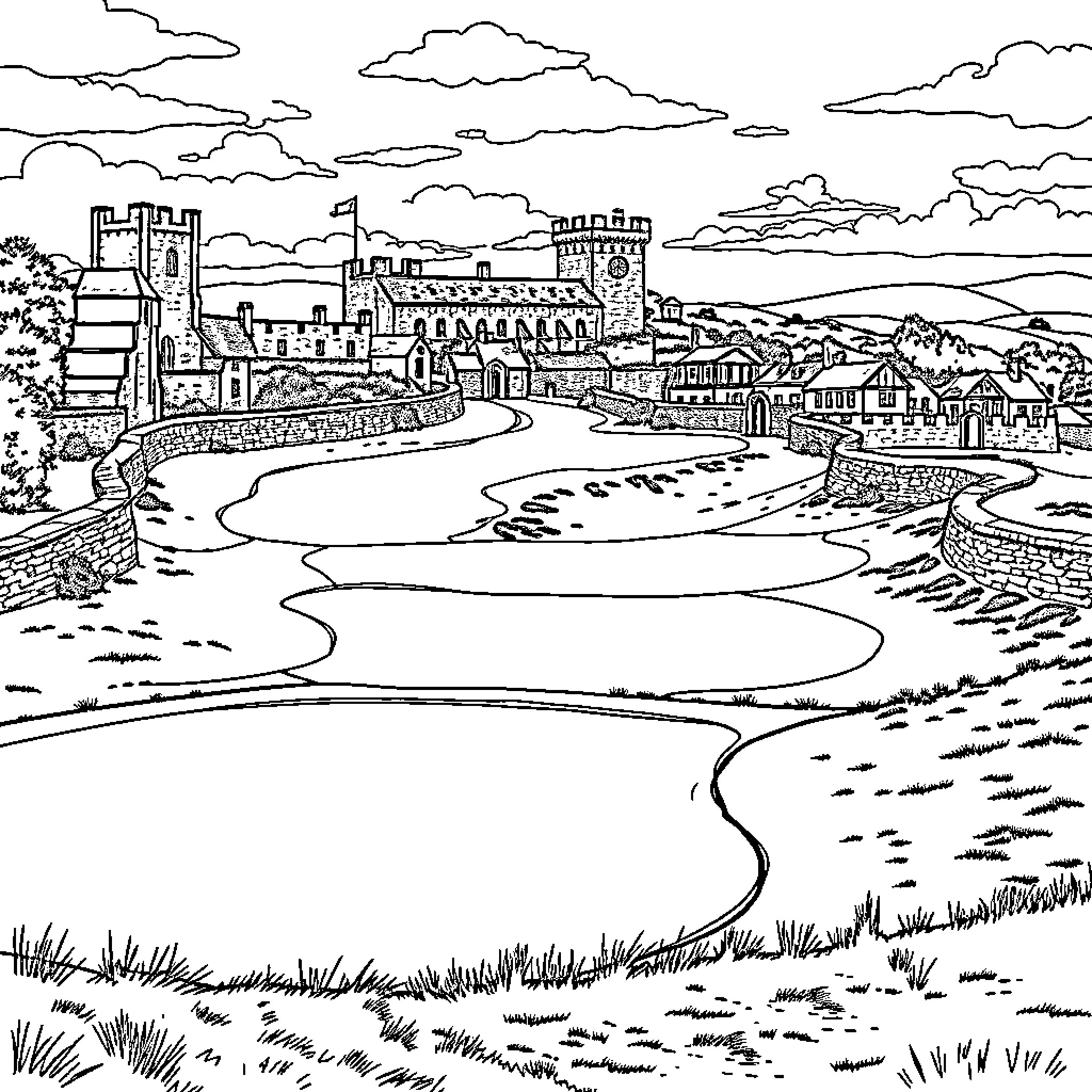 Course Historic Castle Town Landscape Illustration Coloring Page (free black-and-white line drawing printable PDF for all, from beginners to advanced learners, including children, teens, adults, and seniors)